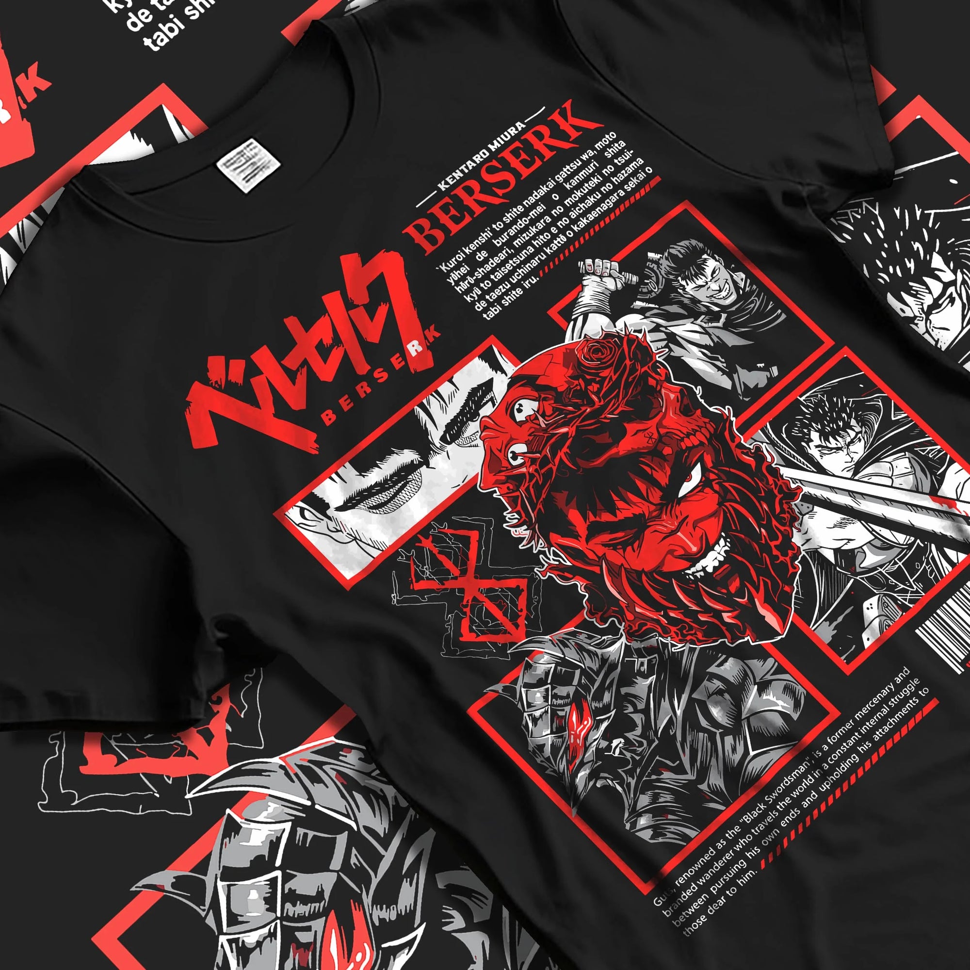 Black T-shirt laid flat with natural folds with Berserk Eclipse Hoodie Bloody Behelit Red Demon Face graphic bold anime graphic.