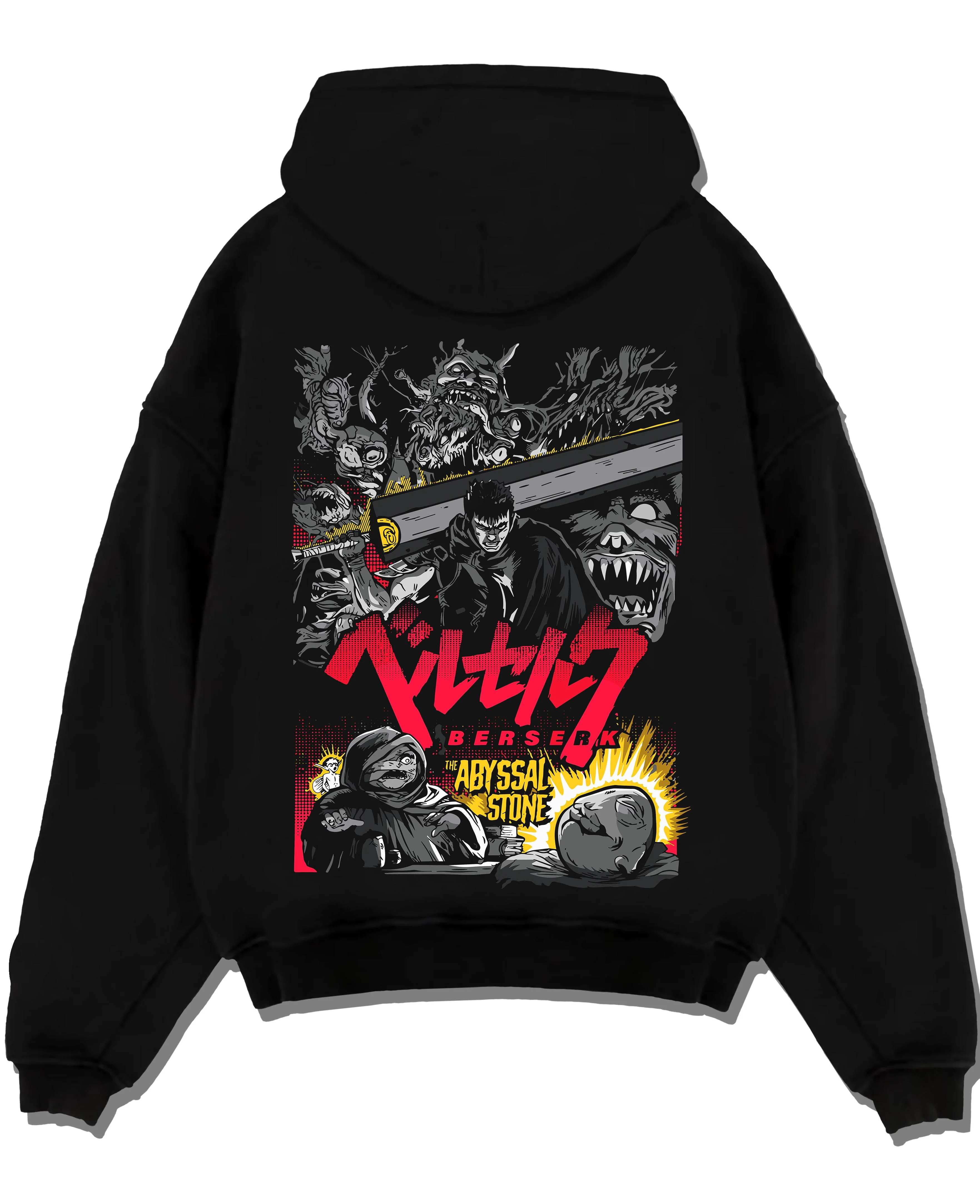 Black pullover hoodie laid flat with Berserk Abyss Hoodie Guts Wielding Dragon Slayer Sword graphic streetwear graphic.