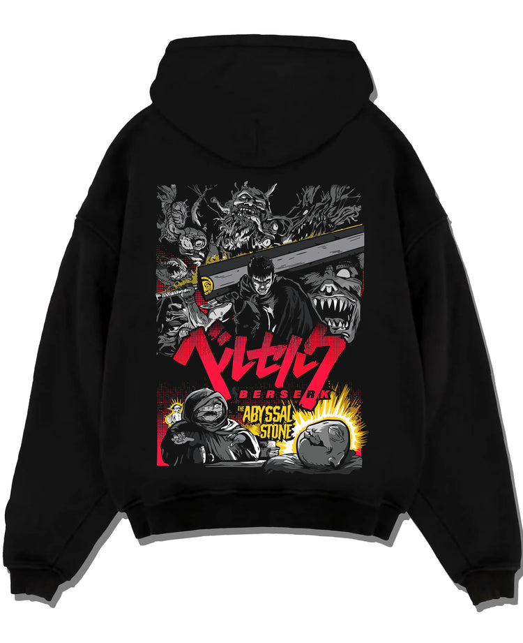 Black pullover hoodie laid flat with Berserk Abyss Hoodie Guts Wielding Dragon Slayer Sword graphic streetwear graphic.