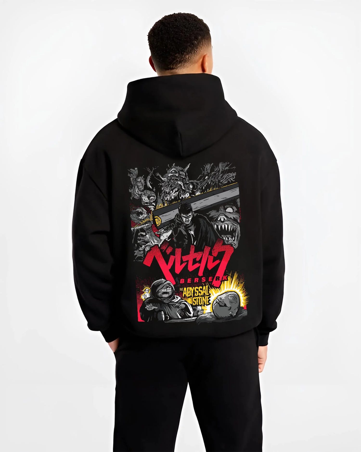 Black hoodie worn by male model, back view with Berserk Abyss Hoodie Guts Wielding Dragon Slayer Sword graphic Guts anime design.