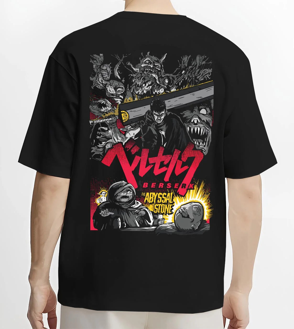 Black T-shirt worn by male model, back view with Berserk Abyss Hoodie Guts Wielding Dragon Slayer Sword graphic bold anime graphic.