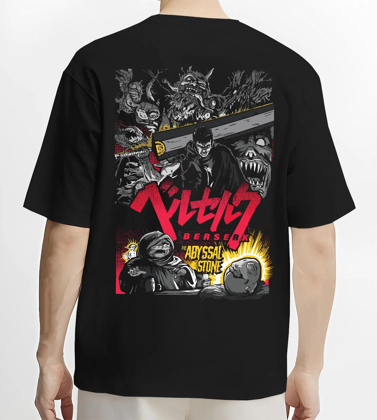 Black T-shirt worn by male model, back view with Berserk Abyss Hoodie Guts Wielding Dragon Slayer Sword graphic bold anime graphic.