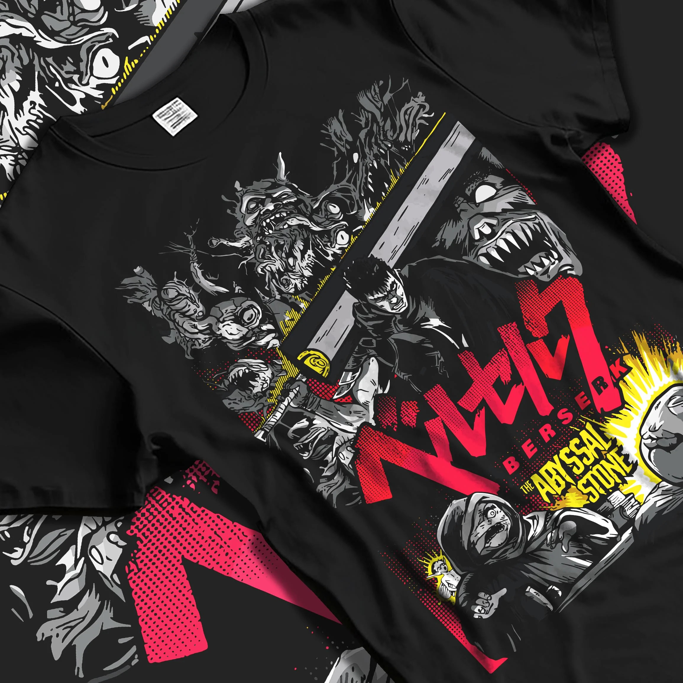 Black T-shirt laid flat with natural folds with Berserk Abyss Hoodie Guts Wielding Dragon Slayer Sword graphic Guts themed artwork.