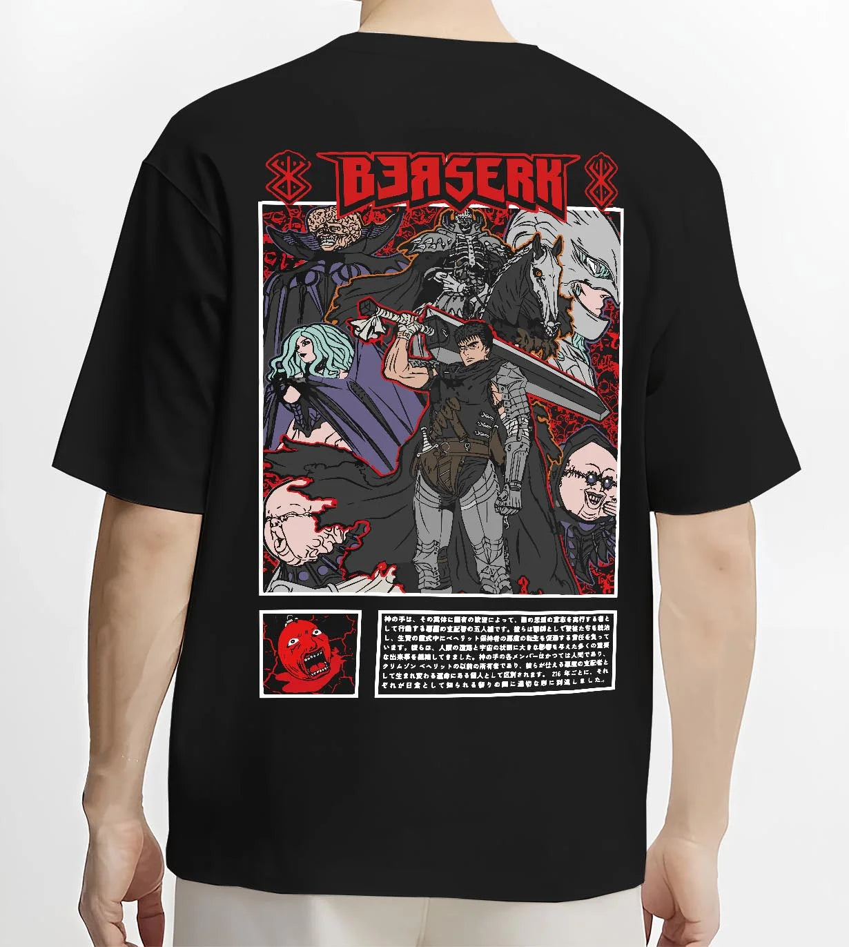 Black T-shirt worn by male model, back view with Berserk Hoodie Guts with Companions Abyssal Battle Art graphic premium wear.