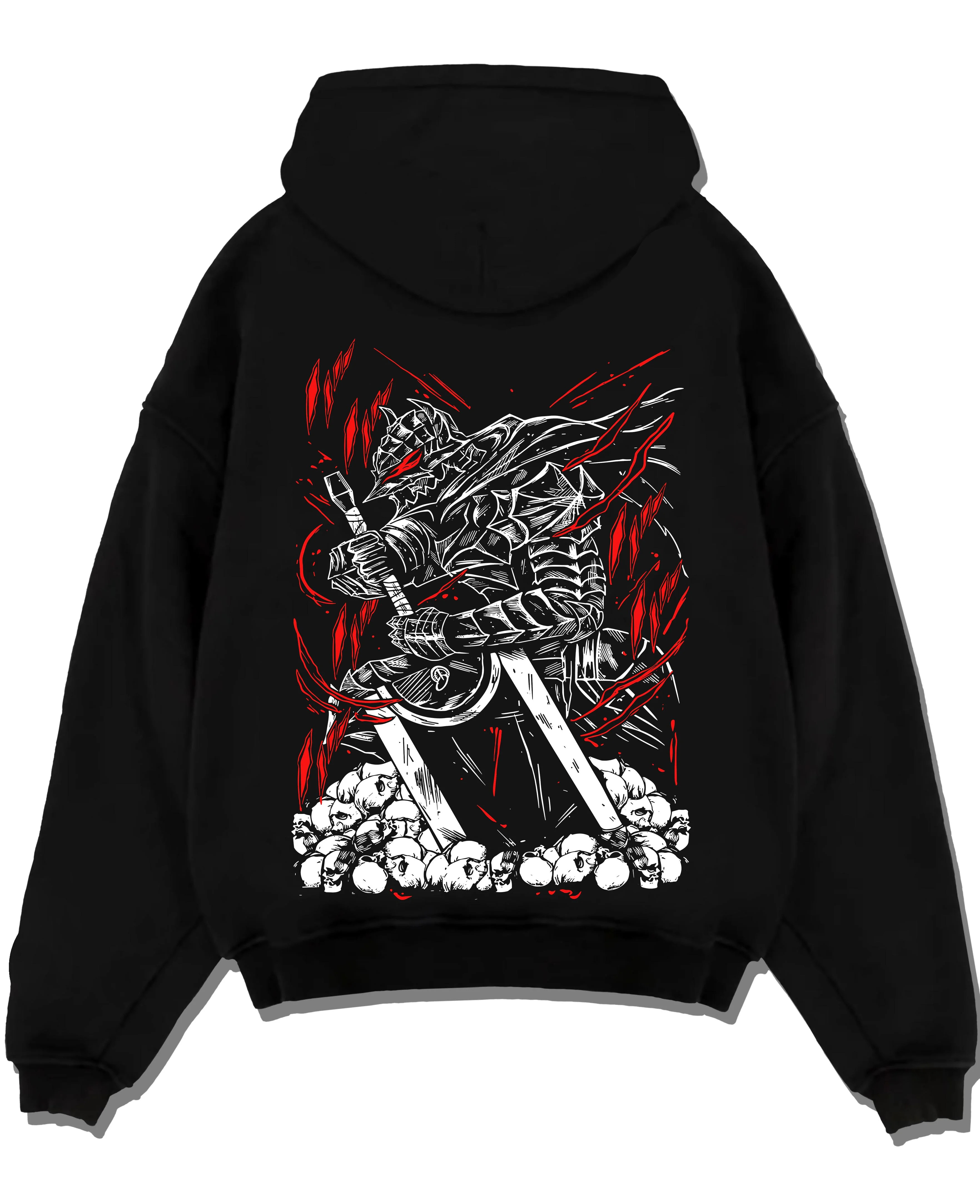 Black pullover hoodie laid flat with Berserk Armour Hoodie Guts Berserker Armour Strike graphic bold anime graphic.