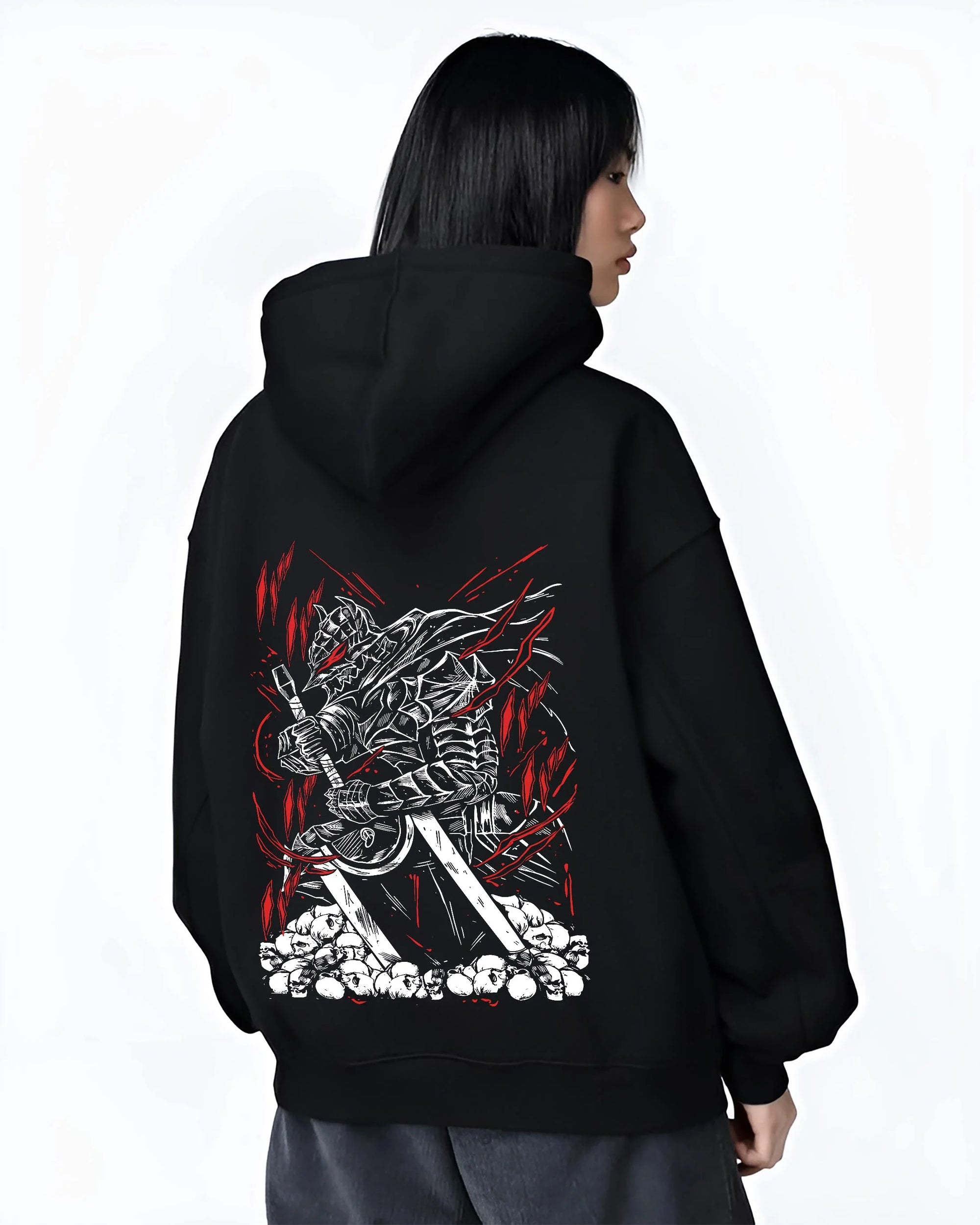 Black hoodie worn by female model, back view with Berserk Armour Hoodie Guts Berserker Armour Strike graphic Guts anime design.