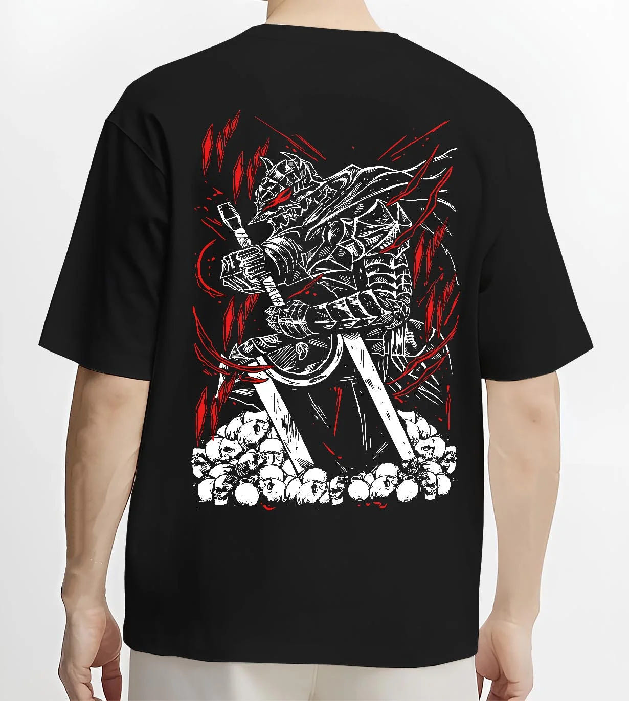 Black T-shirt worn by male model, back view with Berserk Armour Hoodie Guts Berserker Armour Strike graphic Guts anime design.