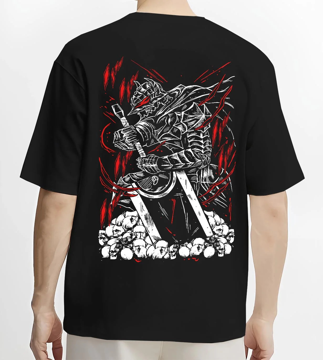 Black T-shirt worn by male model, back view with Berserk Armour Hoodie Guts Berserker Armour Strike graphic Guts anime design.