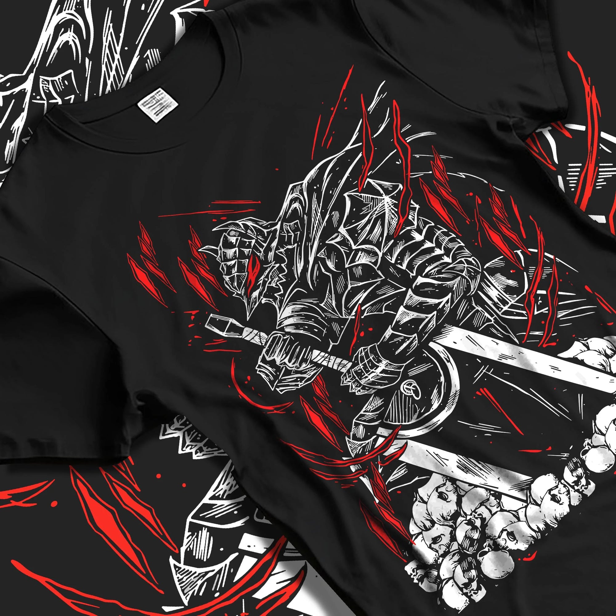 Black T-shirt laid flat with natural folds with Berserk Armour Hoodie Guts Berserker Armour Strike graphic streetwear graphic.