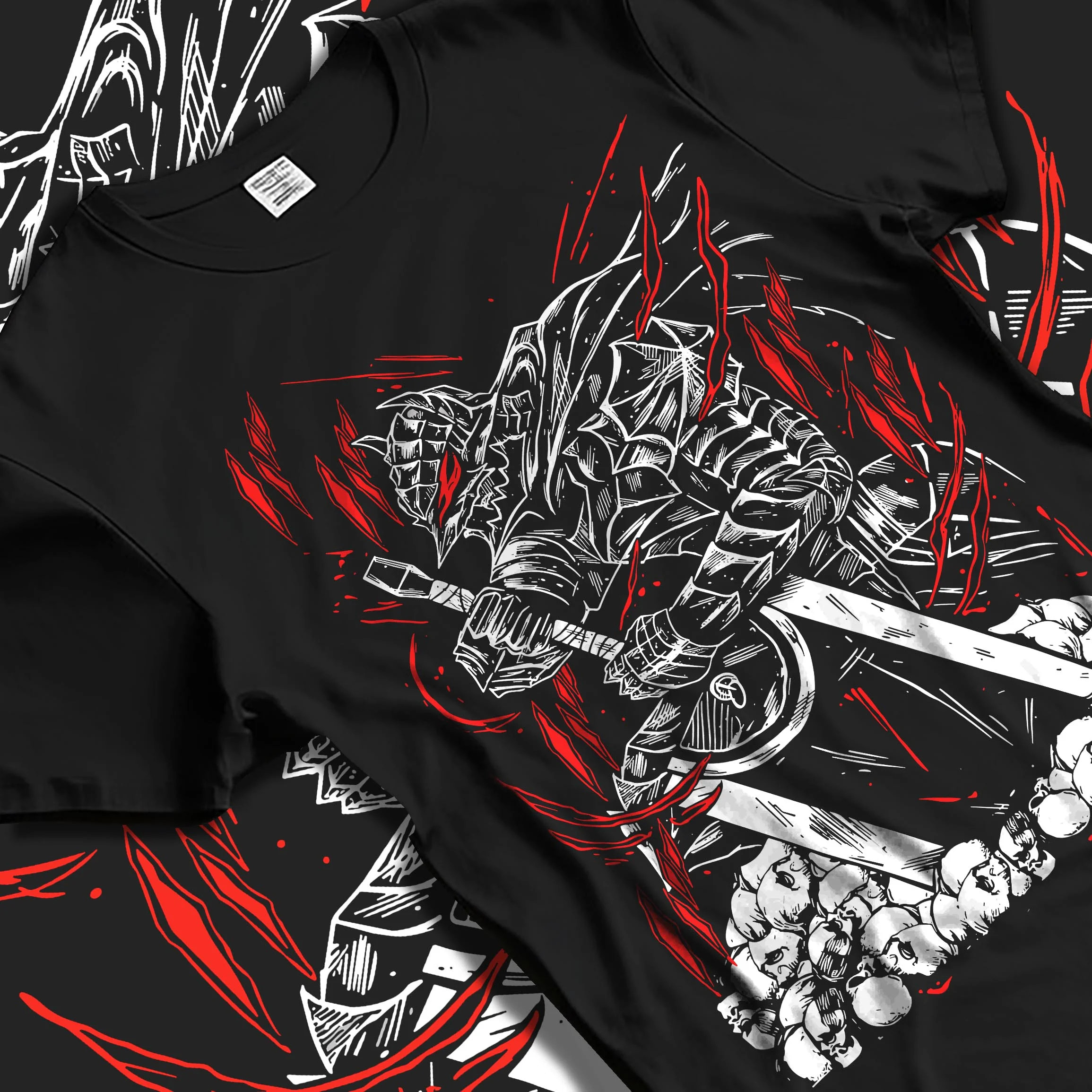 Black T-shirt laid flat with natural folds with Berserk Armour Hoodie Guts Berserker Armour Strike graphic streetwear graphic.