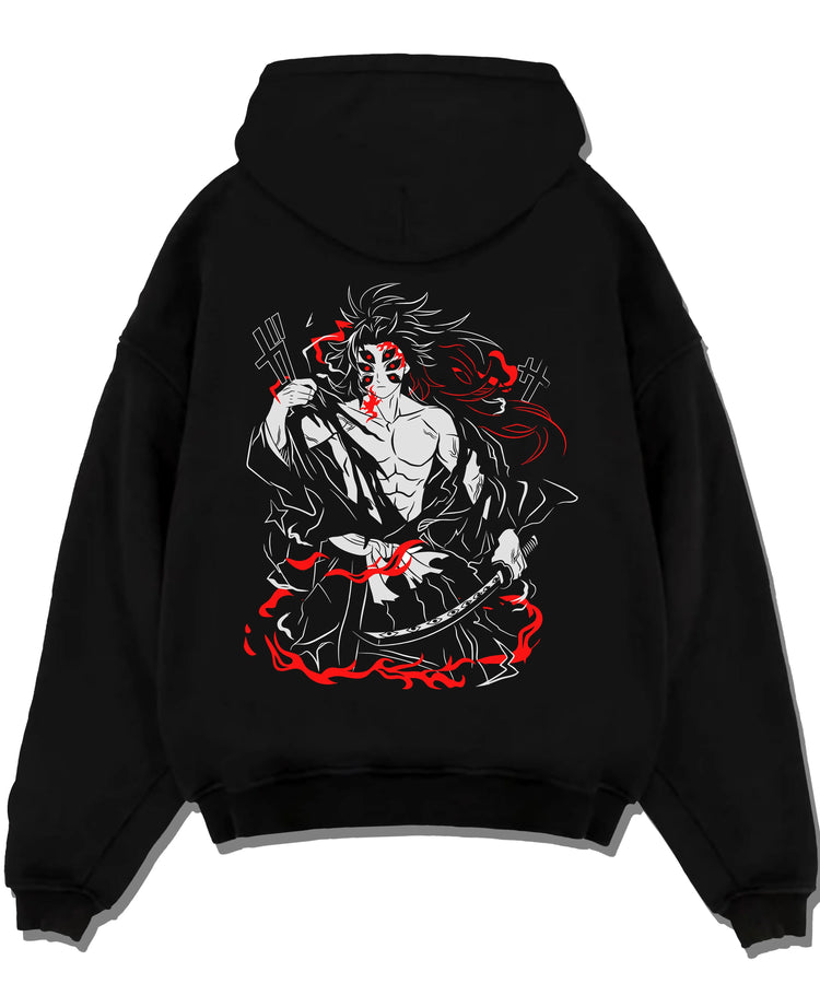 Black pullover hoodie laid flat with Demon Slayer Kokushibo Hoodie Battle Mode Jumper graphic streetwear graphic.
