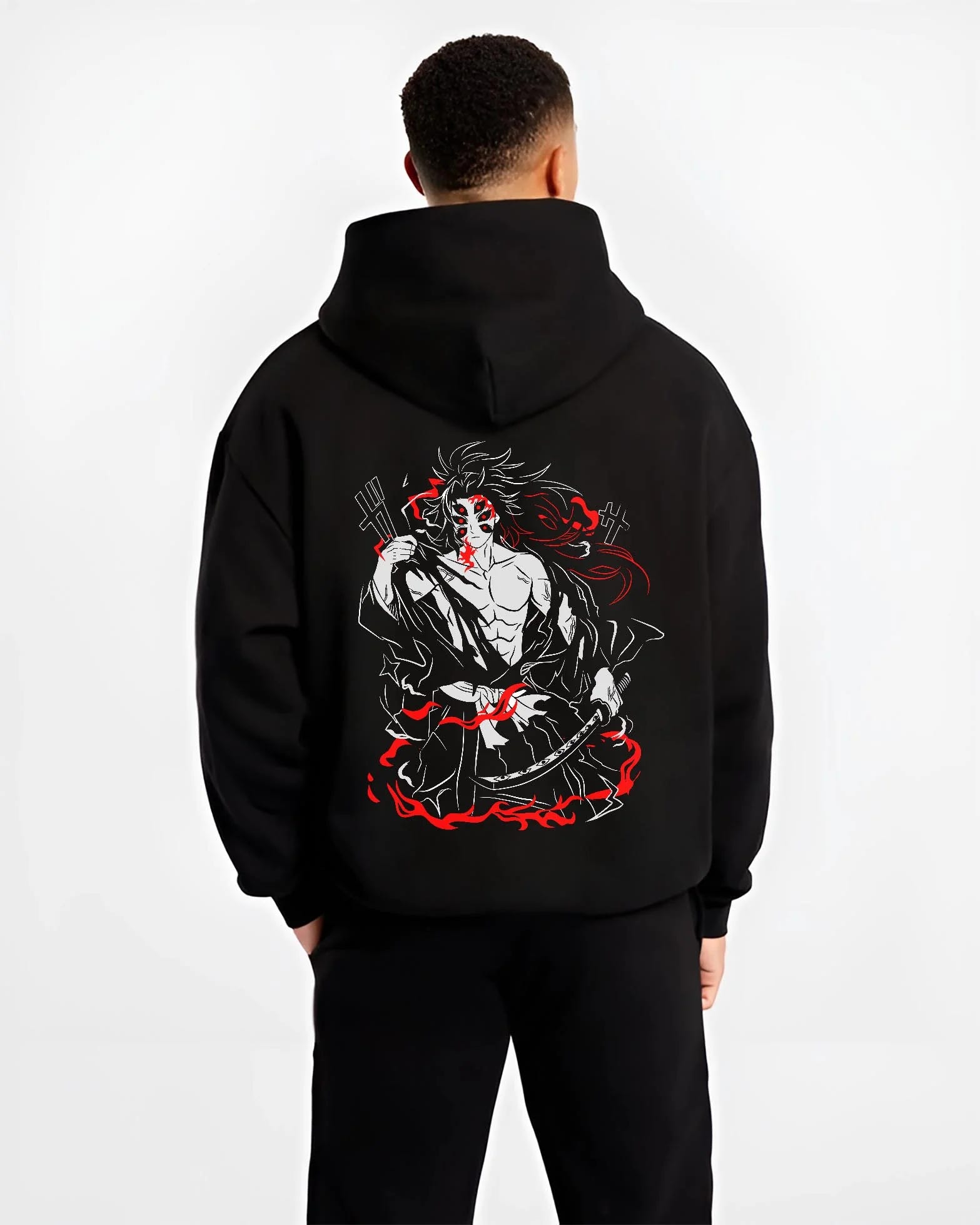 Black hoodie worn by male model, back view with Demon Slayer Kokushibo Hoodie Battle Mode Jumper graphic streetwear graphic.