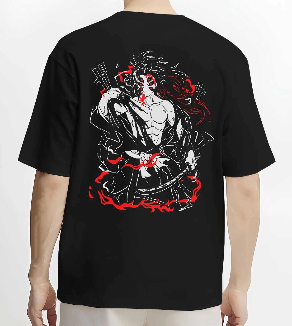 Black T-shirt worn by male model, back view with Demon Slayer Kokushibo Hoodie Battle Mode Jumper graphic streetwear graphic.