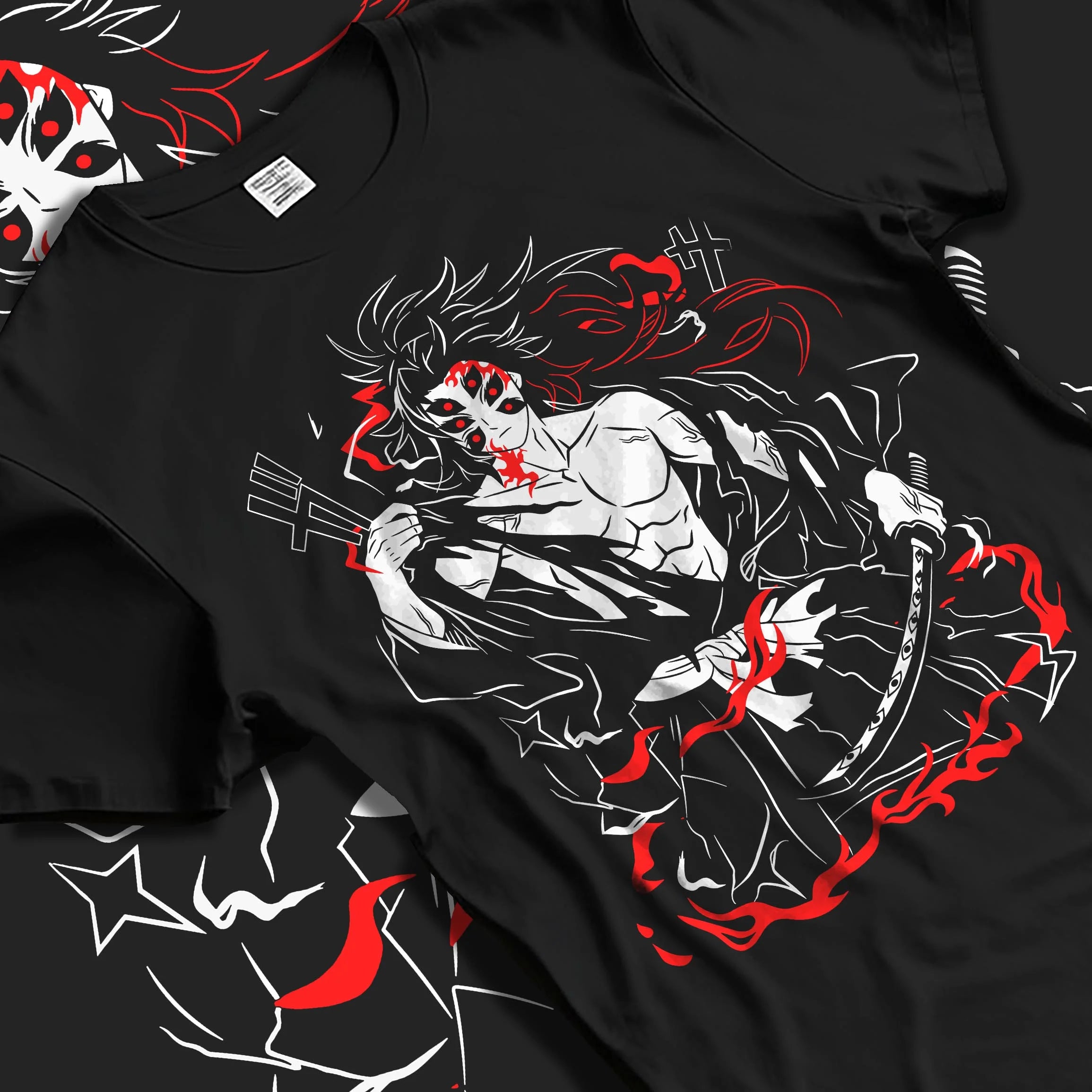Black T-shirt laid flat with natural folds with Demon Slayer Kokushibo Hoodie Battle Mode Jumper graphic bold anime graphic.
