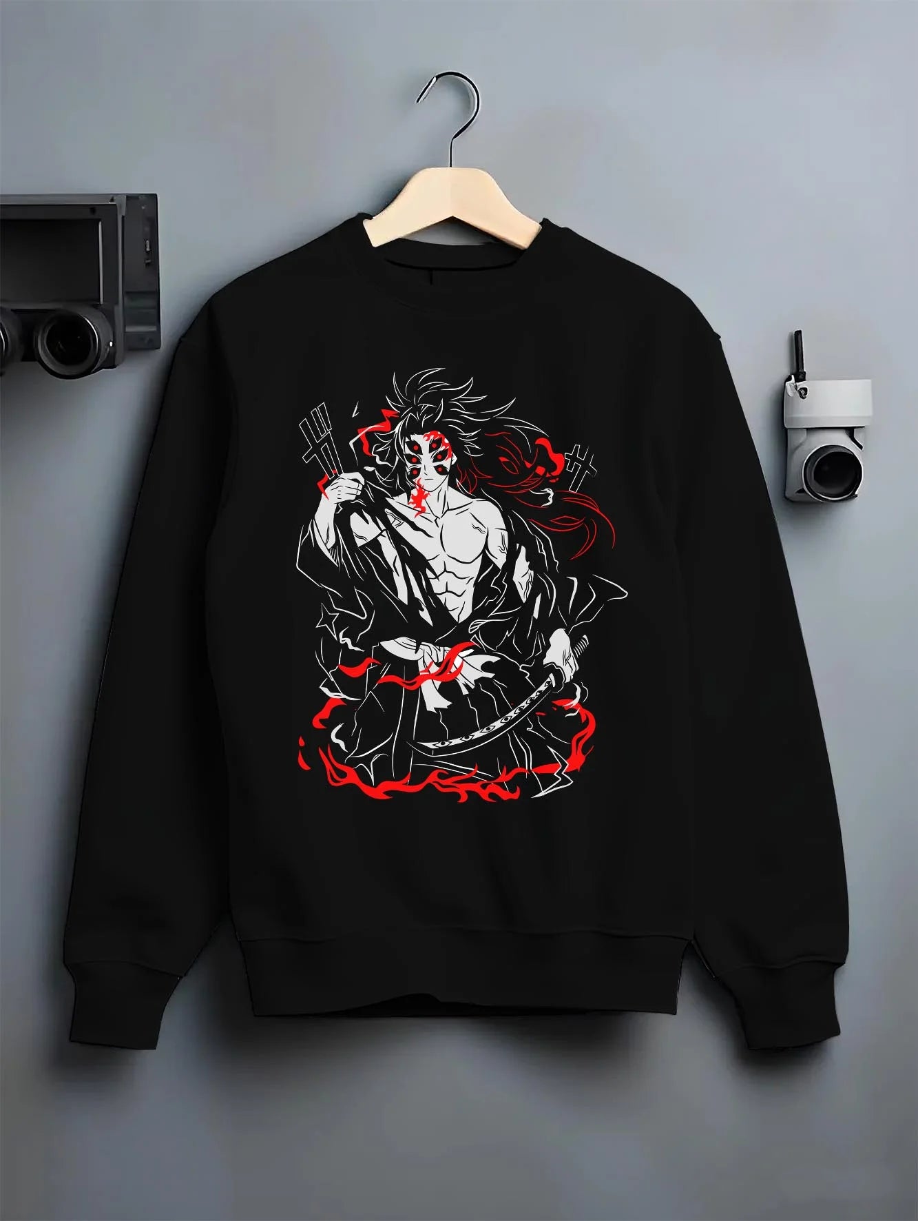 Black crewneck sweatshirt on hanger with Demon Slayer Kokushibo Hoodie Battle Mode Jumper graphic premium wear.