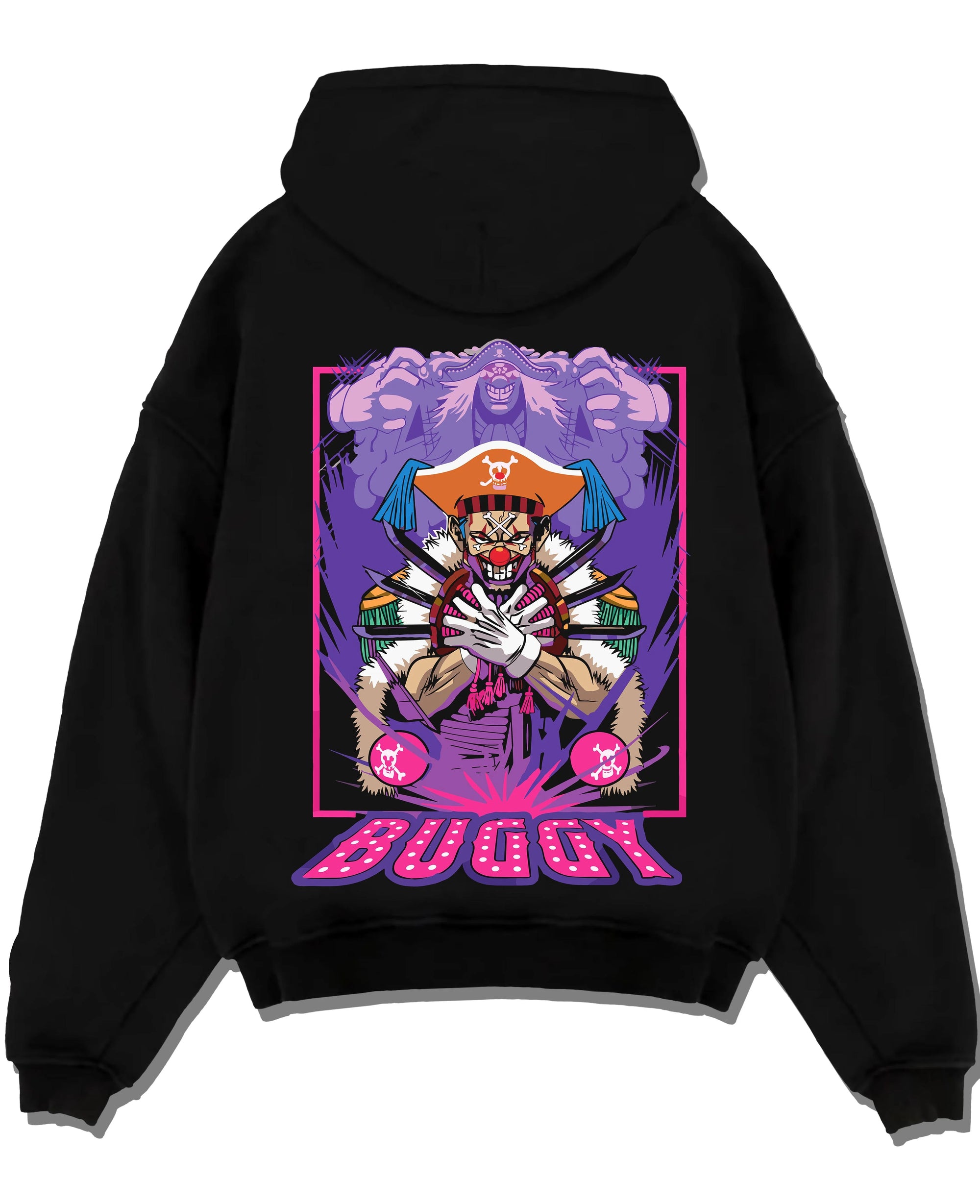 Black pullover hoodie laid flat with Buggy Hoodie One Piece Pirate Clown Crew Retro Poster graphic Buggy anime design.