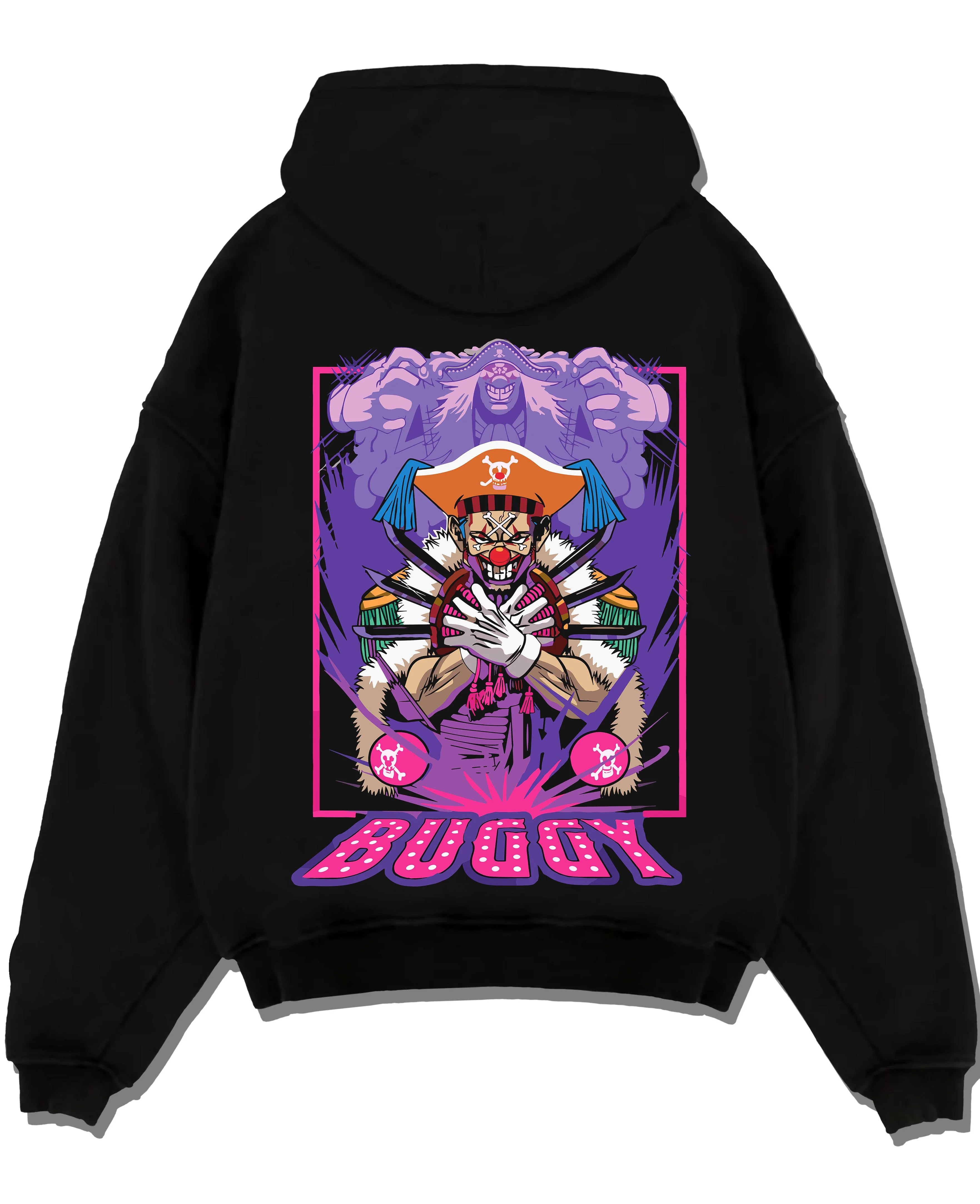 Black pullover hoodie laid flat with Buggy Hoodie One Piece Pirate Clown Crew Retro Poster graphic Buggy anime design.