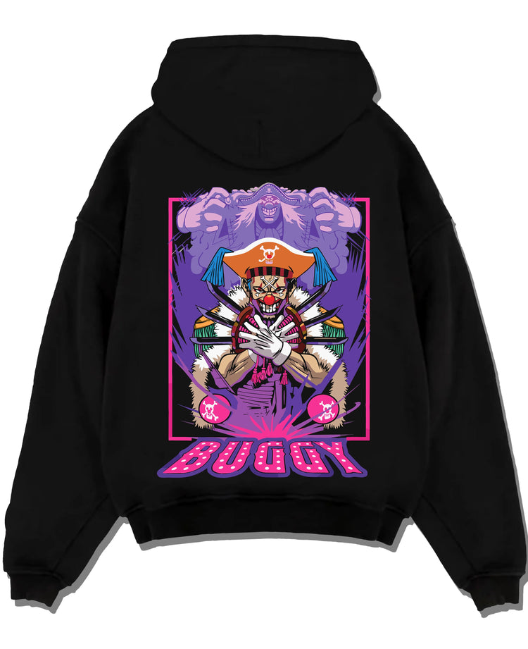 Black pullover hoodie laid flat with Buggy Hoodie One Piece Pirate Clown Crew Retro Poster graphic Buggy anime design.
