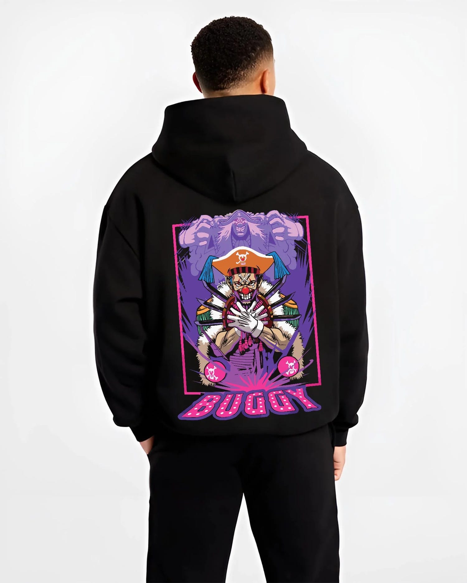Black hoodie worn by male model, back view with Buggy Hoodie One Piece Pirate Clown Crew Retro Poster graphic streetwear graphic.