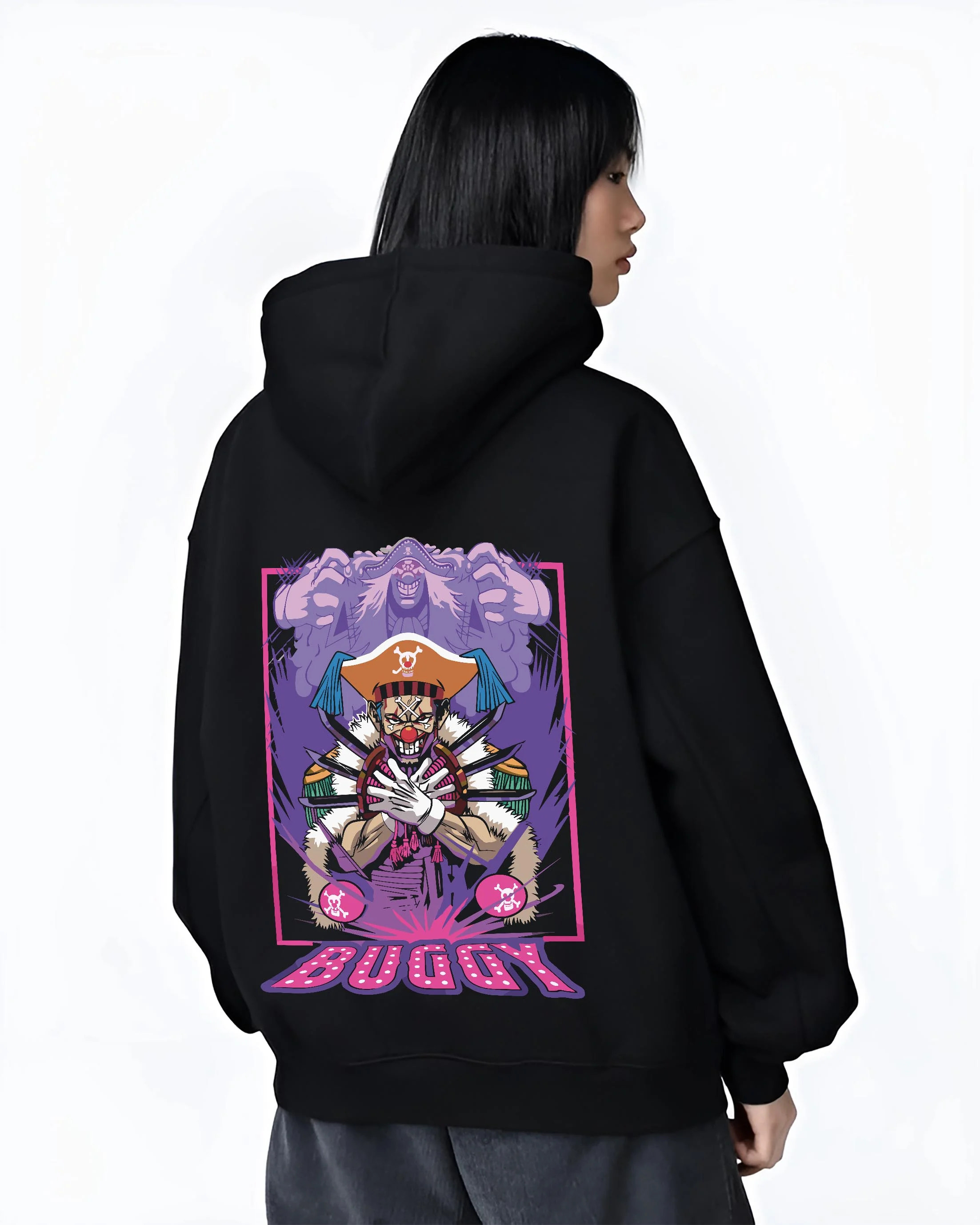 Black hoodie worn by female model, back view with Buggy Hoodie One Piece Pirate Clown Crew Retro Poster graphic Buggy anime design.