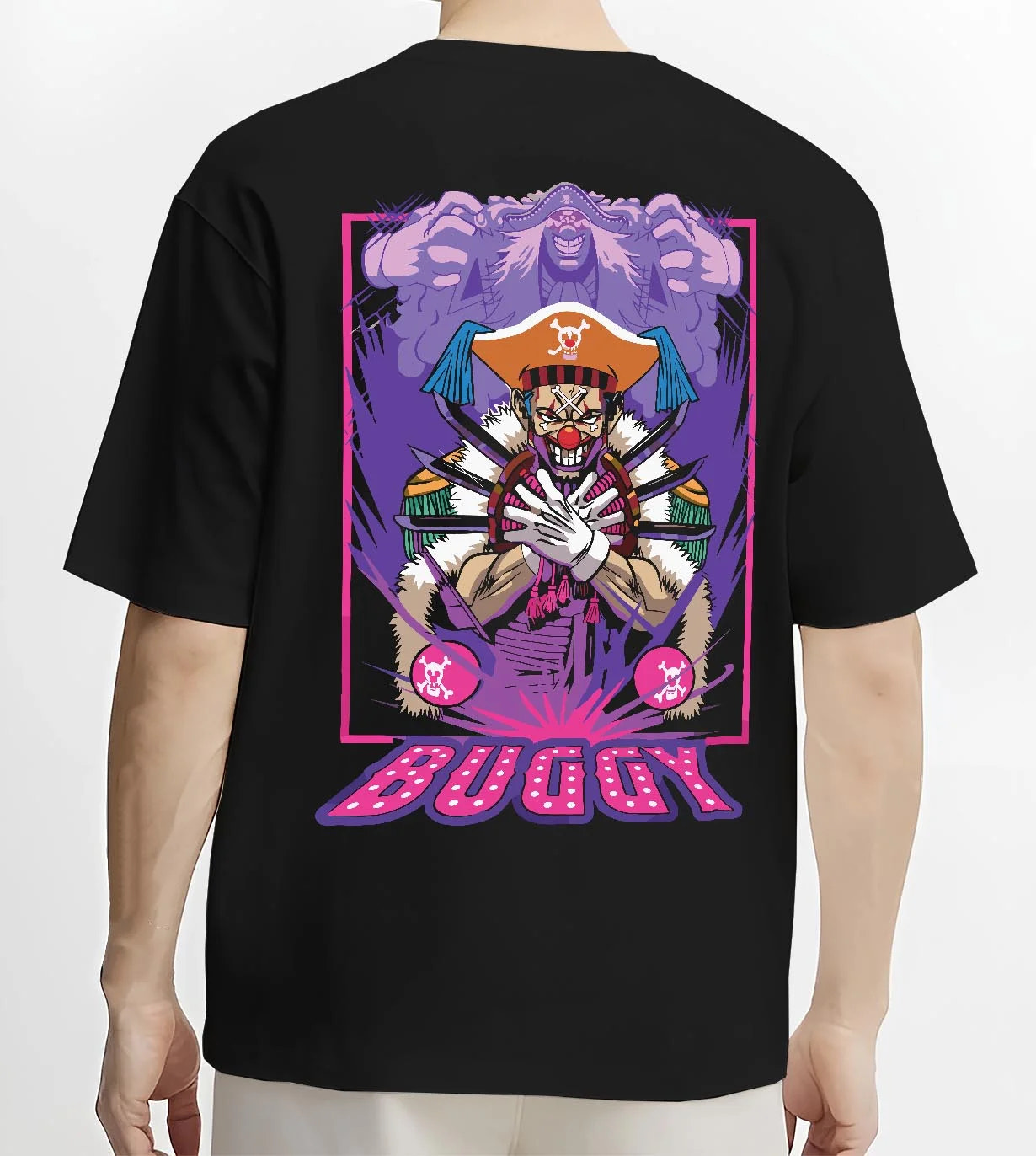 Black T-shirt worn by male model, back view with Buggy Hoodie One Piece Pirate Clown Crew Retro Poster graphic Buggy anime design.