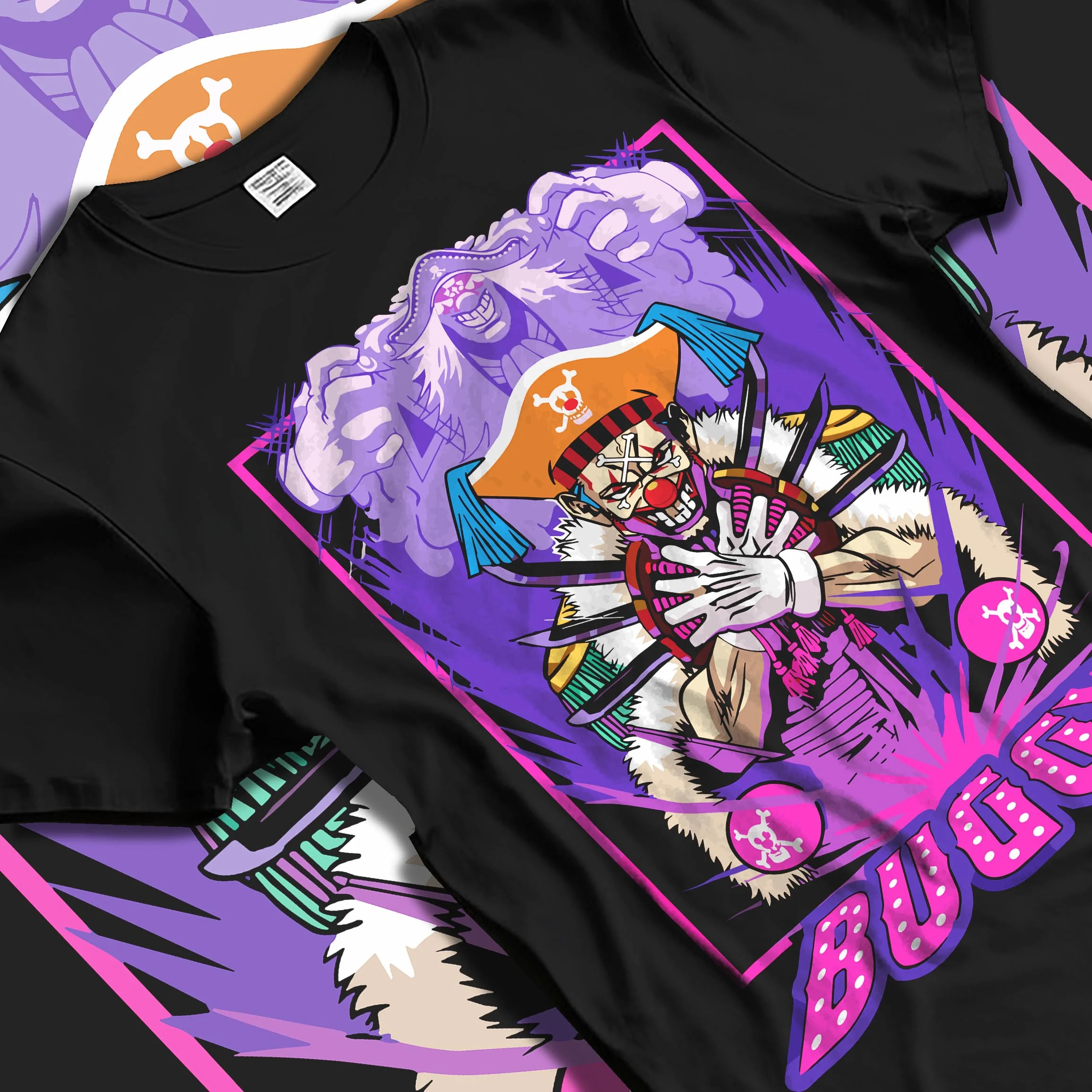 Black T-shirt laid flat with natural folds with Buggy Hoodie One Piece Pirate Clown Crew Retro Poster graphic Buggy anime design.