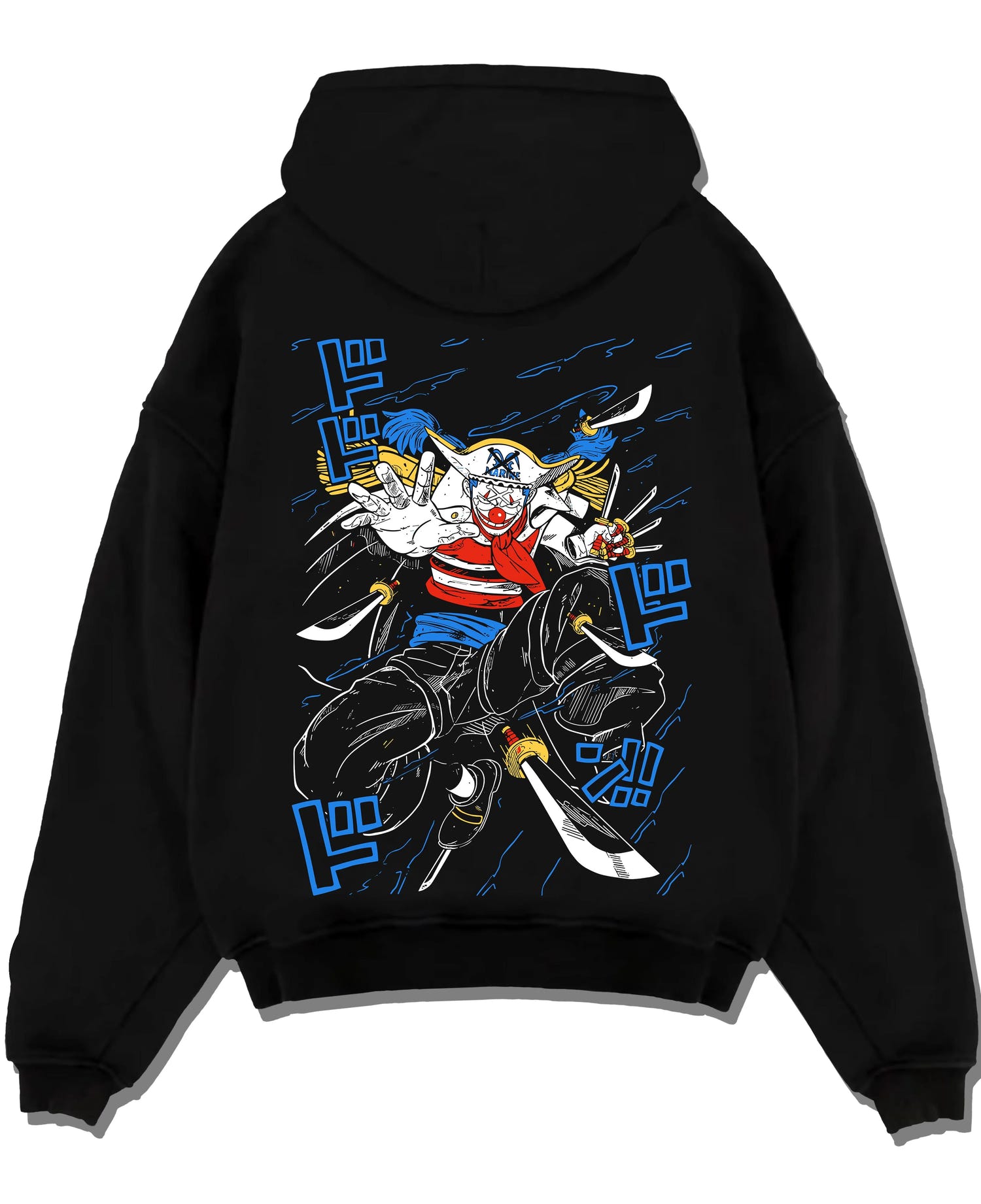 Black pullover hoodie laid flat with Buggy the Clown Hoodie One Piece Pirate Retro Jump graphic Buggy anime design.