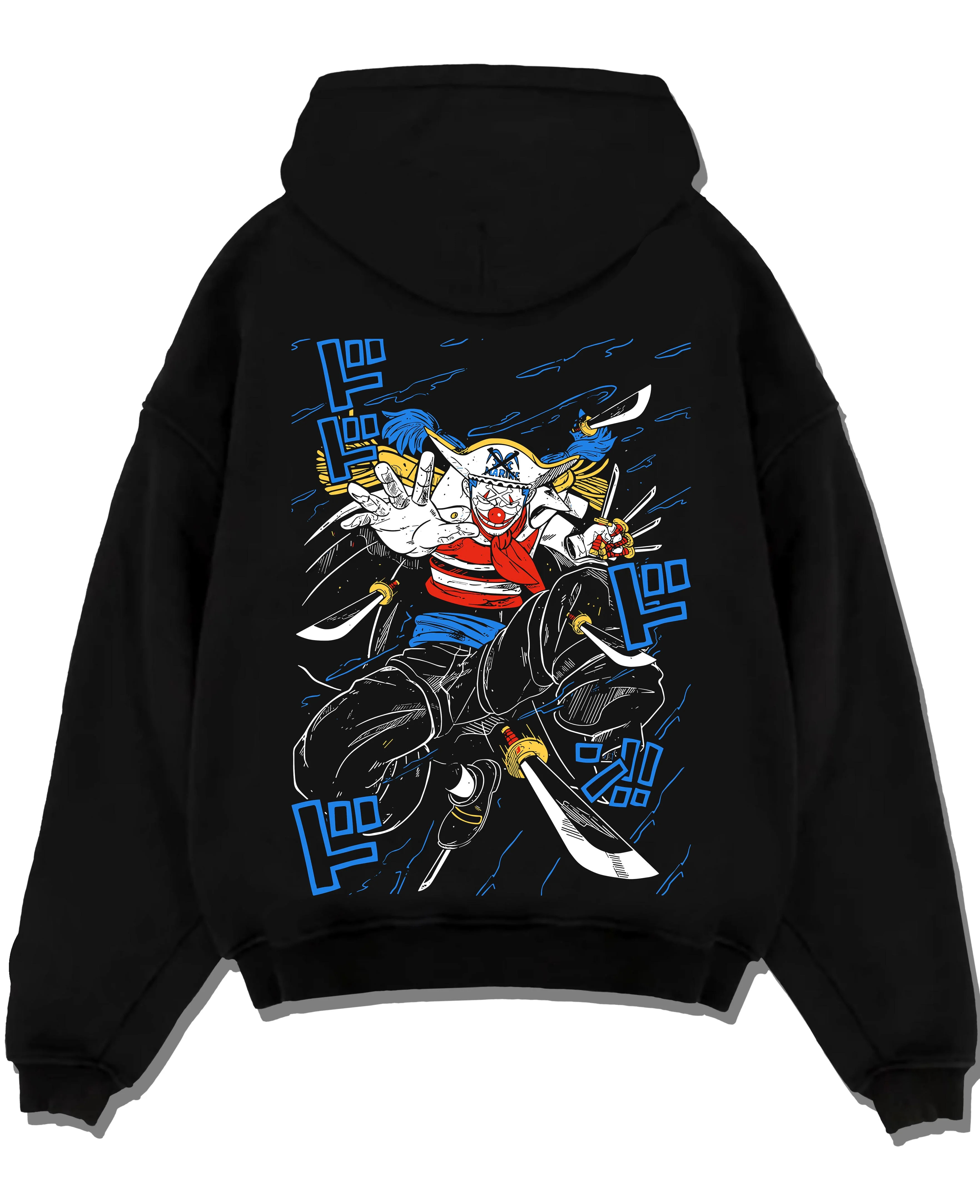 Black pullover hoodie laid flat with Buggy the Clown Hoodie One Piece Pirate Retro Jump graphic Buggy anime design.