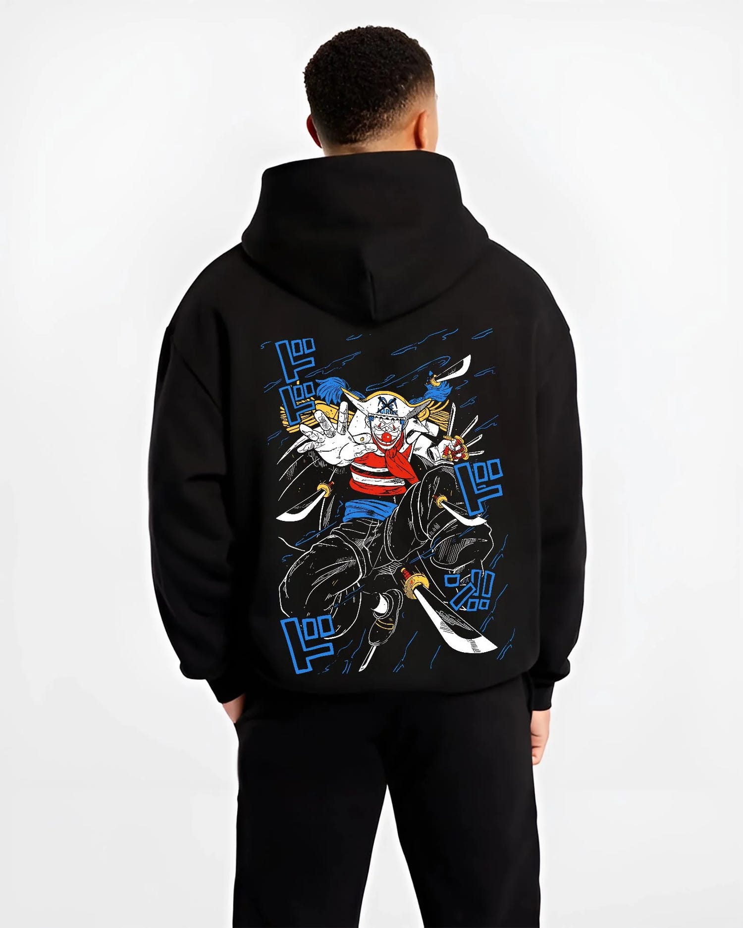 Black hoodie worn by male model, back view with Buggy the Clown Hoodie One Piece Pirate Retro Jump graphic premium wear.