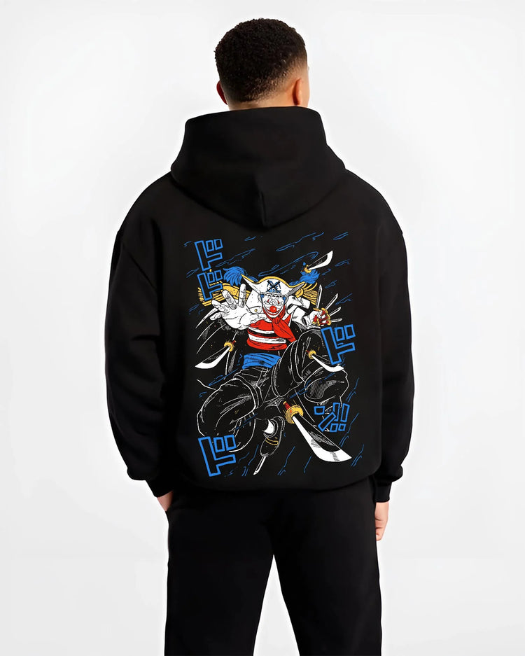 Black hoodie worn by male model, back view with Buggy the Clown Hoodie One Piece Pirate Retro Jump graphic premium wear.