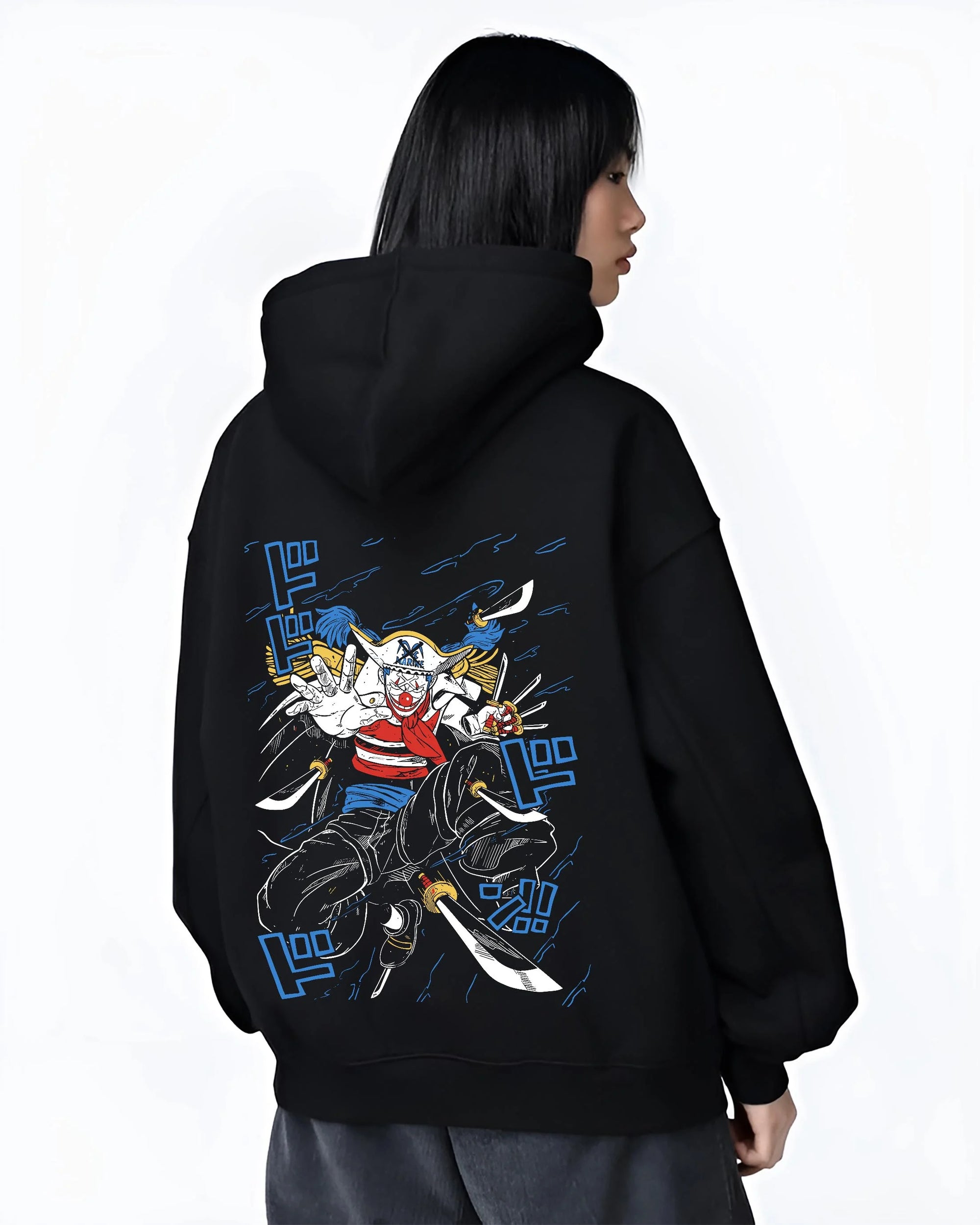 Black hoodie worn by female model, back view with Buggy the Clown Hoodie One Piece Pirate Retro Jump graphic Buggy anime design.
