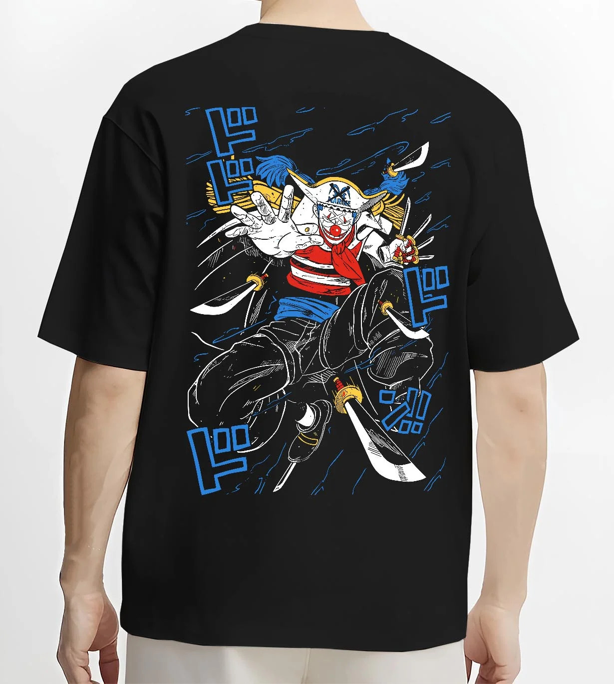 Black T-shirt worn by male model, back view with Buggy the Clown Hoodie One Piece Pirate Retro Jump graphic Buggy anime design.