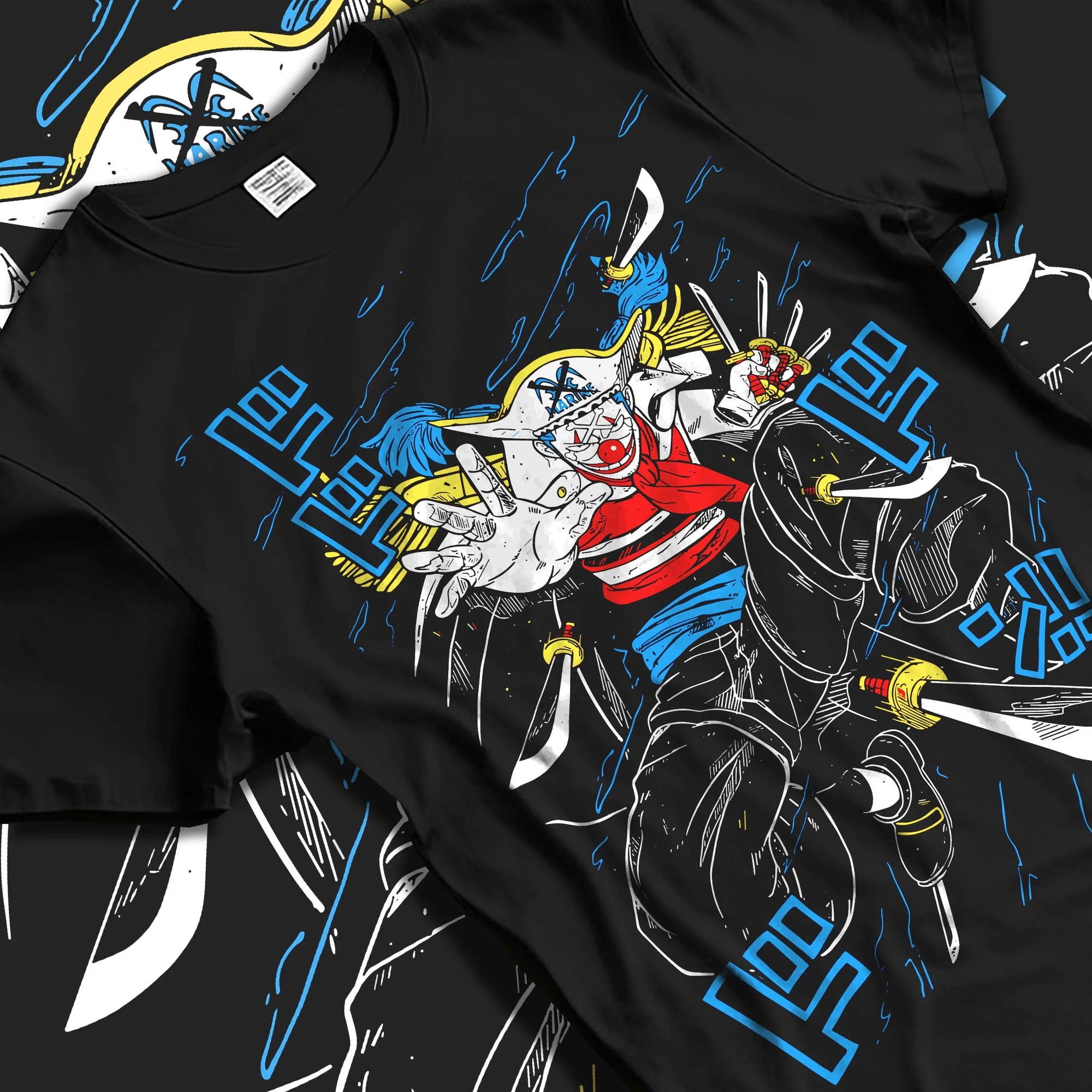 Black T-shirt laid flat with natural folds with Buggy the Clown Hoodie One Piece Pirate Retro Jump graphic premium wear.