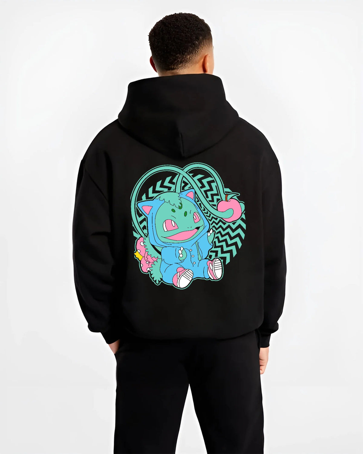 Black hoodie model back view showing Bulbasaur from Pokémon: cute stylised illustration