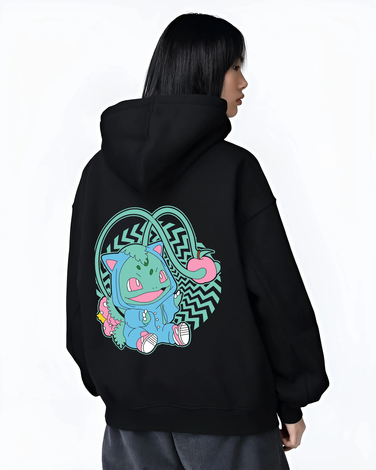 Black hoodie female model back view showing Bulbasaur from Pokémon: cute stylised illustration