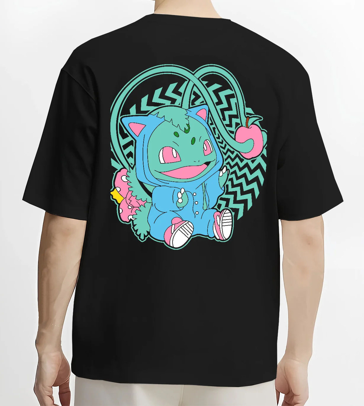 Black T-shirt model back view showing Bulbasaur from Pokémon: cute stylised illustration