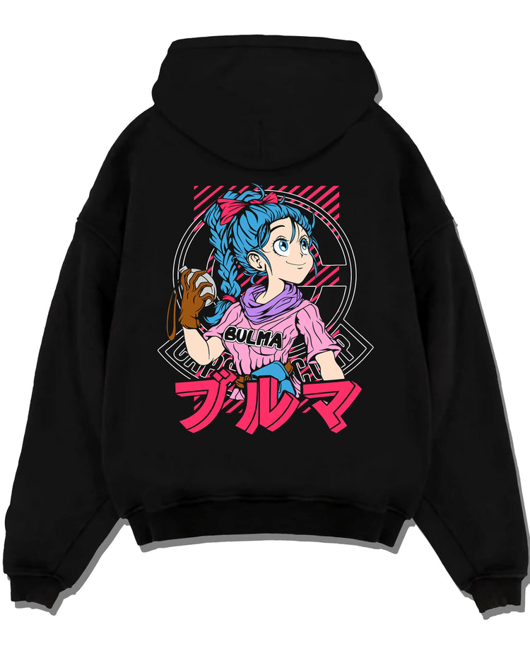 Black pullover hoodie laid flat with Bulma Hoodie Dragon Ball Z Pink Outfit Capsule Corp graphic bold anime graphic.