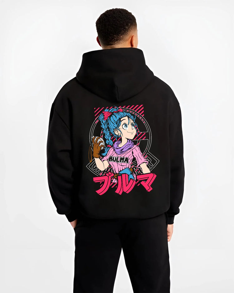 Black hoodie worn by male model, back view with Bulma Hoodie Dragon Ball Z Pink Outfit Capsule Corp graphic premium wear.