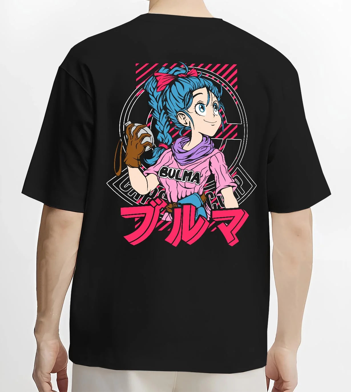 Black T-shirt worn by male model, back view with Bulma Hoodie Dragon Ball Z Pink Outfit Capsule Corp graphic Bulma anime design.