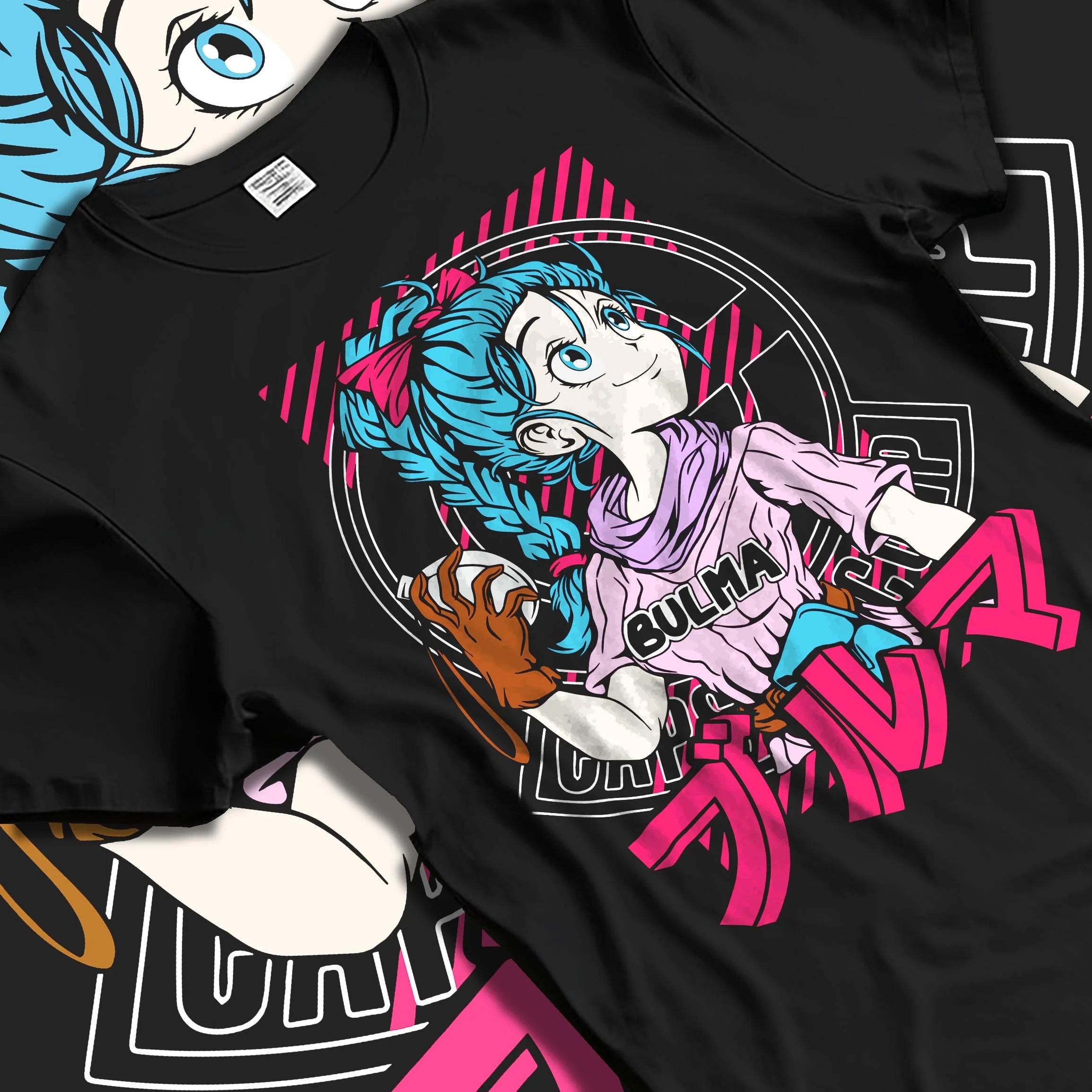 Black T-shirt laid flat with natural folds with Bulma Hoodie Dragon Ball Z Pink Outfit Capsule Corp graphic streetwear graphic.