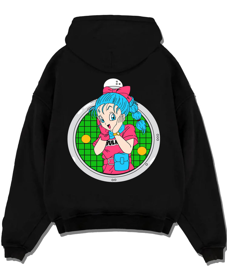 Black pullover hoodie laid flat with Bulma Capsule Corp Hoodie Dragon Ball Z Retro Anime graphic streetwear graphic.