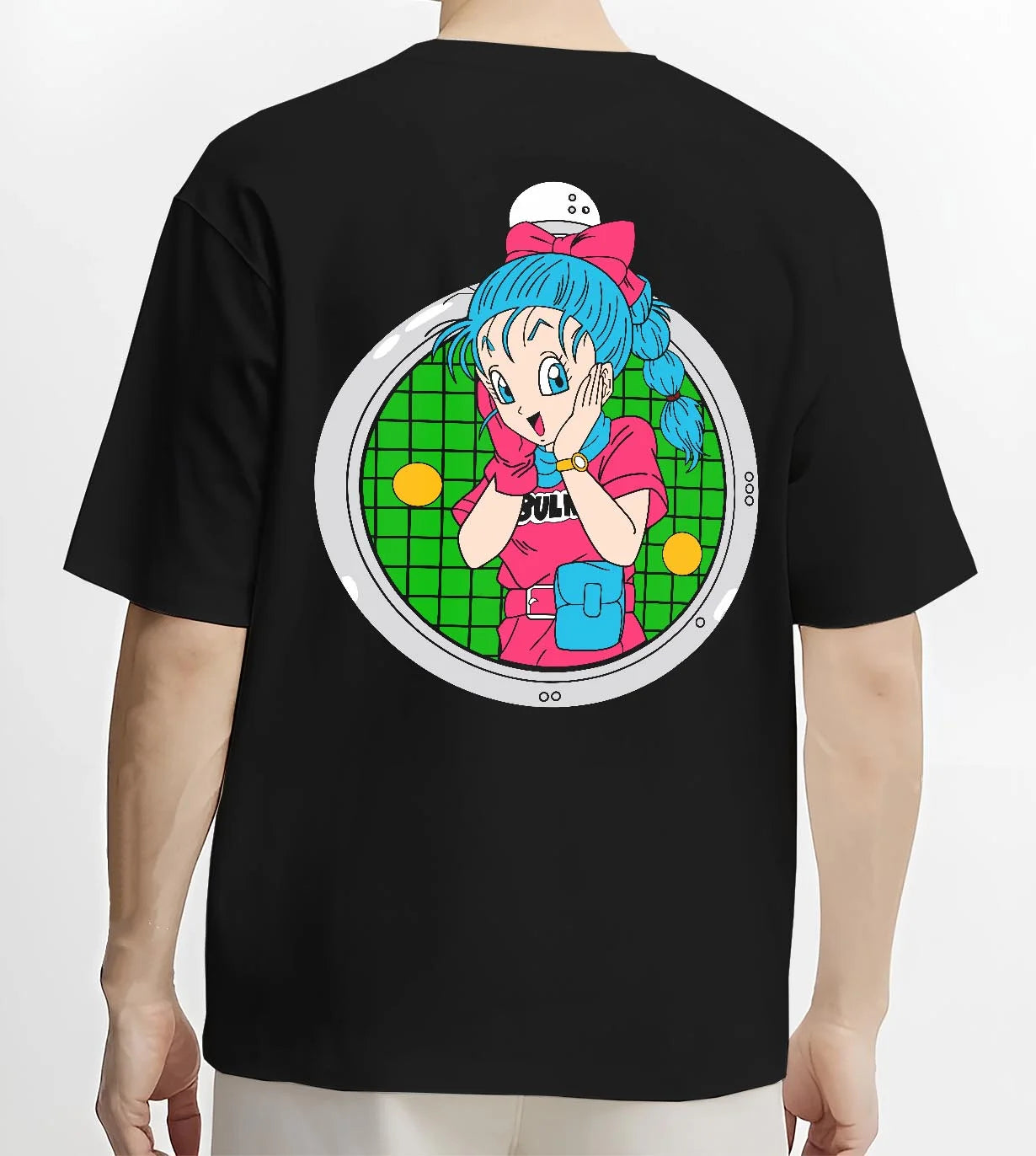 Black T-shirt worn by male model, back view with Bulma Capsule Corp Hoodie Dragon Ball Z Retro Anime graphic streetwear graphic.