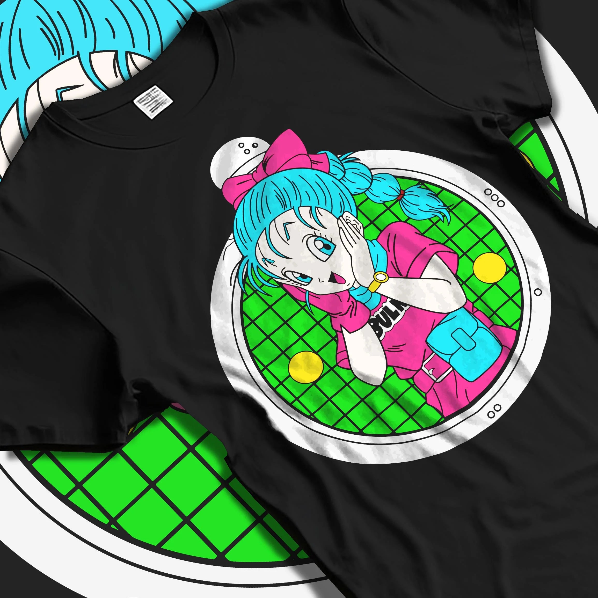 Black T-shirt laid flat with natural folds with Bulma Capsule Corp Hoodie Dragon Ball Z Retro Anime graphic premium wear.