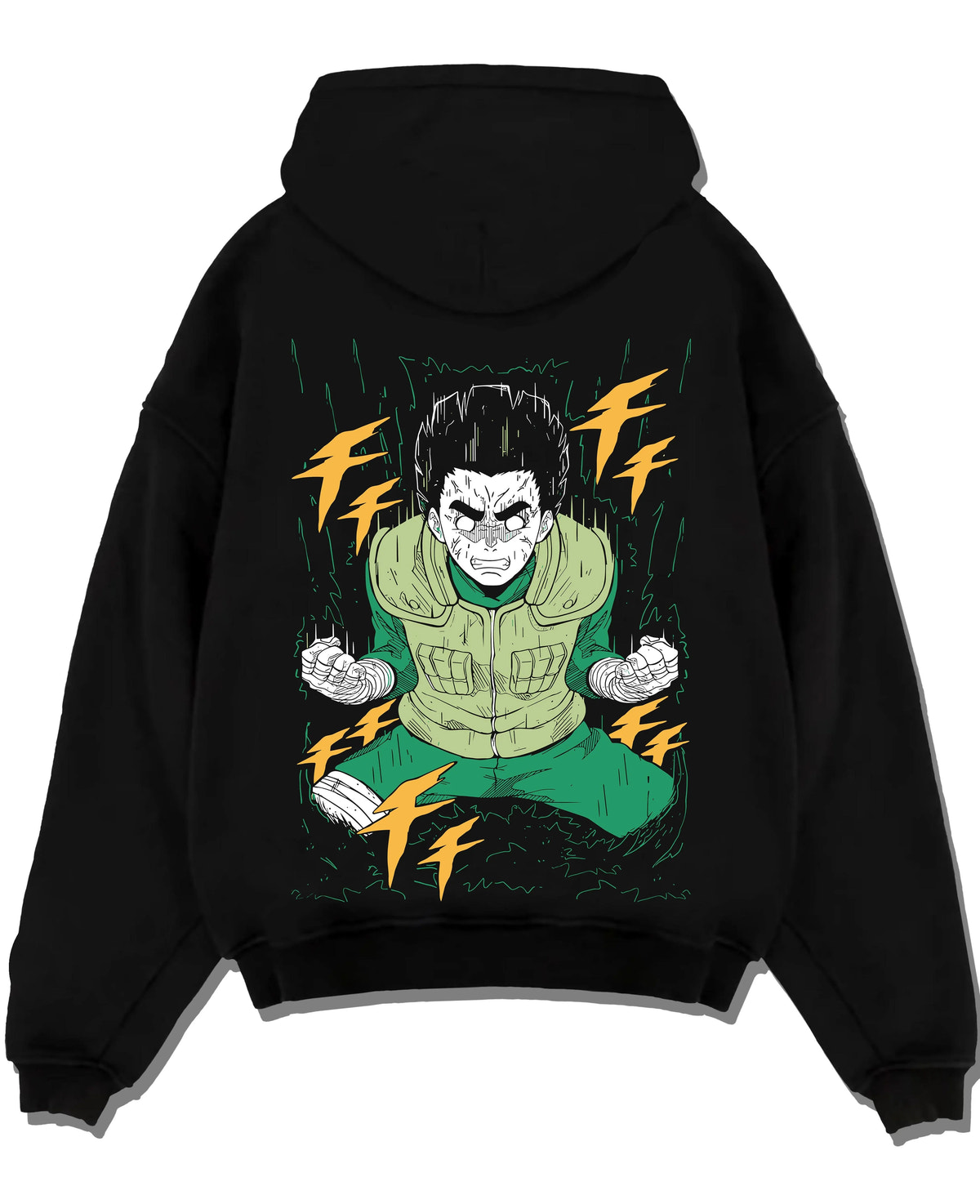 Black hoodie laid flat featuring Rock Lee Naruto Bushy Brows artwork with bold anime graphic print.