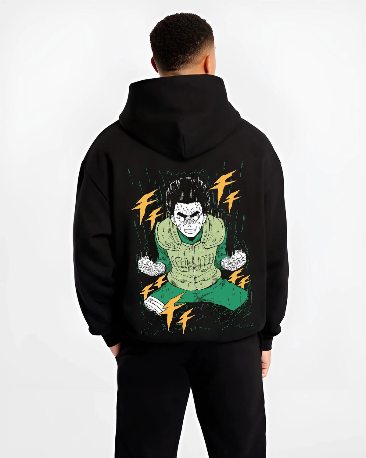 Black hoodie worn by male model from the back featuring Rock Lee Naruto Bushy Brows artwork.