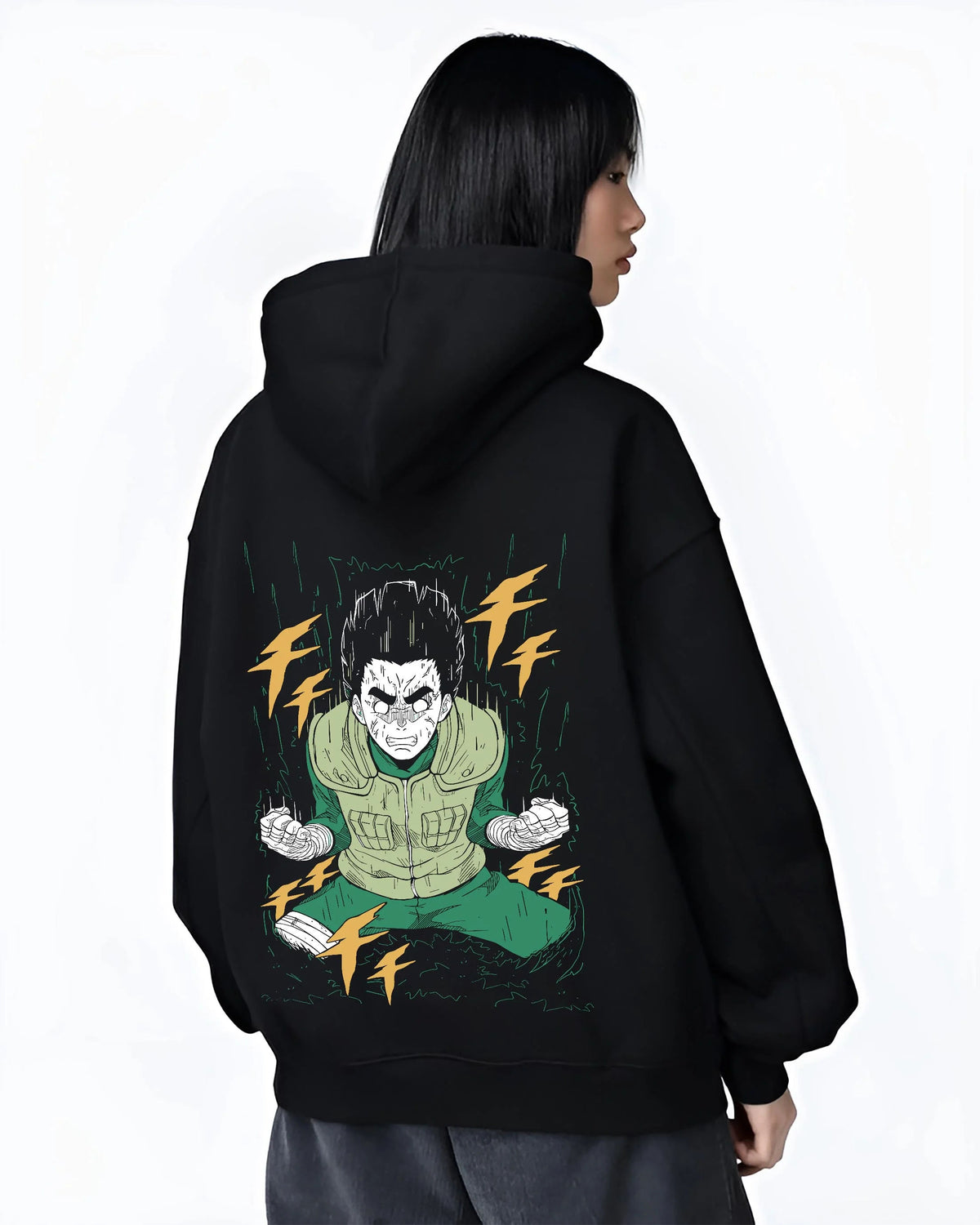 Black hoodie worn by female model from the back featuring Rock Lee Naruto Bushy Brows artwork.