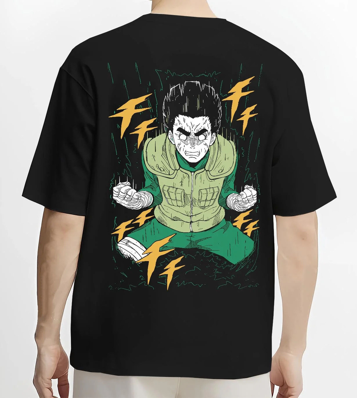Black T-shirt worn by male model from the back featuring Rock Lee Naruto Bushy Brows artwork.