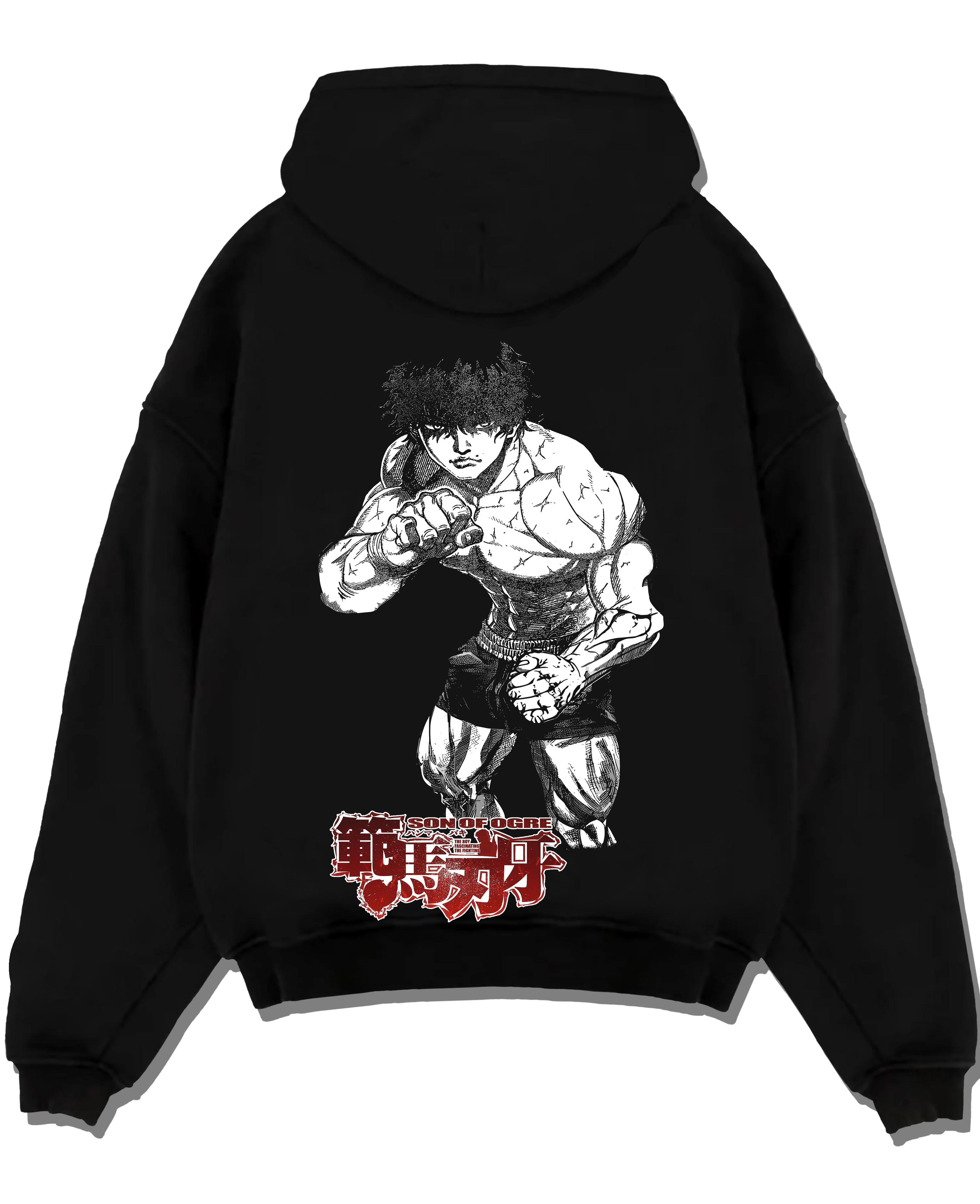 Black pullover hoodie laid flat on a white background, featuring Baki Hanma Son of Ogre Japanese animation streetwear graphic in dark manga panel style.