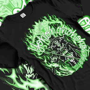 Black T-shirt laid flat with natural fabric folds, featuring One Piece Brook retro manga graphic artwork surrounded by neon green fire in anime poster style.