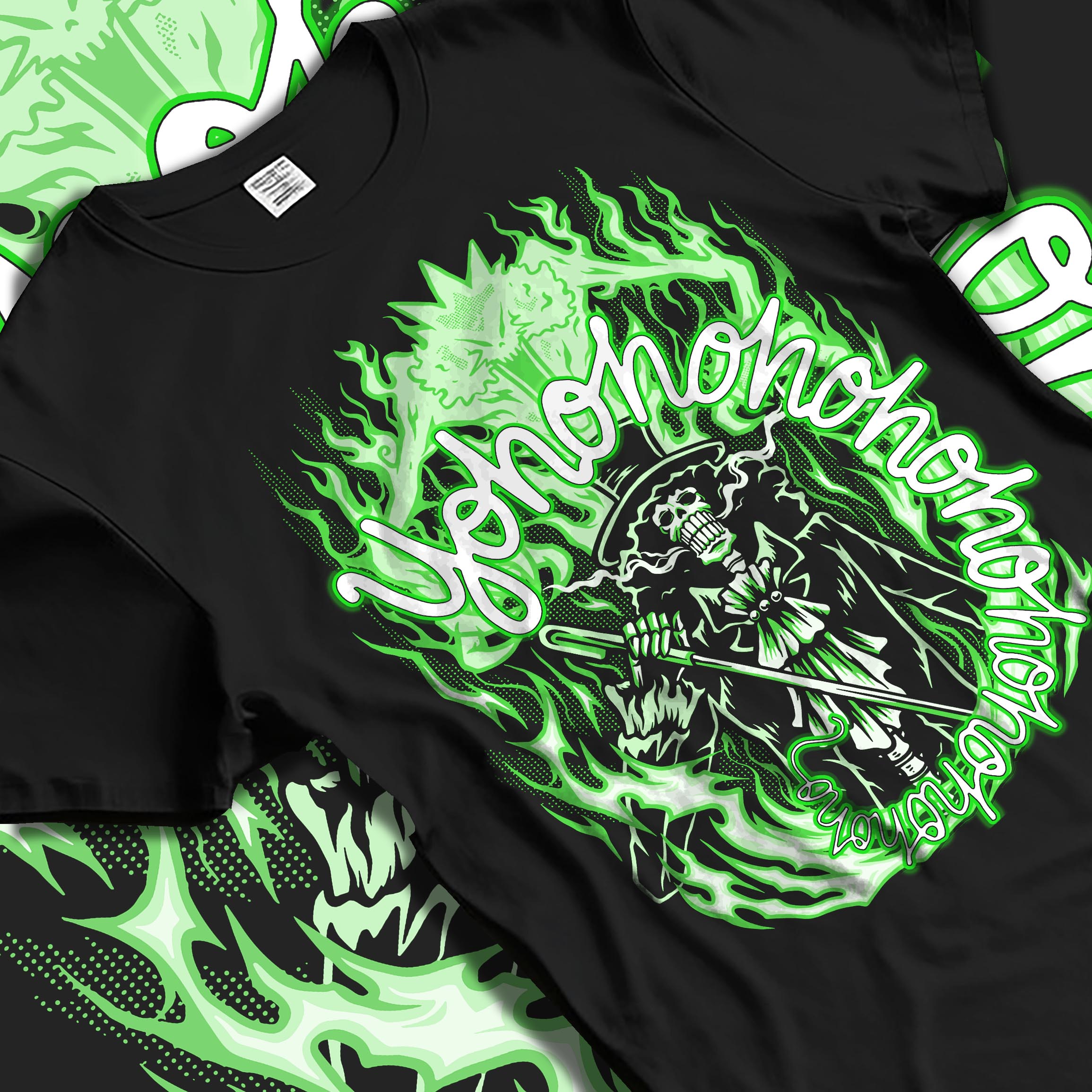 Black T-shirt laid flat with natural fabric folds, featuring One Piece Brook retro manga graphic artwork surrounded by neon green fire in anime poster style.